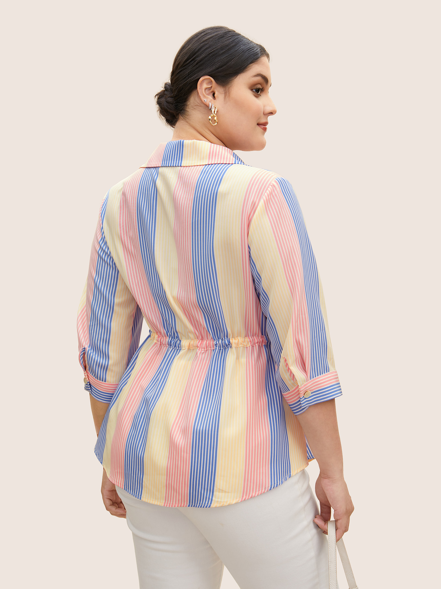 Plus Size Multicolor Contrast Striped Drawstring Patched Pocket Blouse Women Casual Elbow-length sleeve Shirt collar Everyday Blouses BloomChic 22-24/3X 