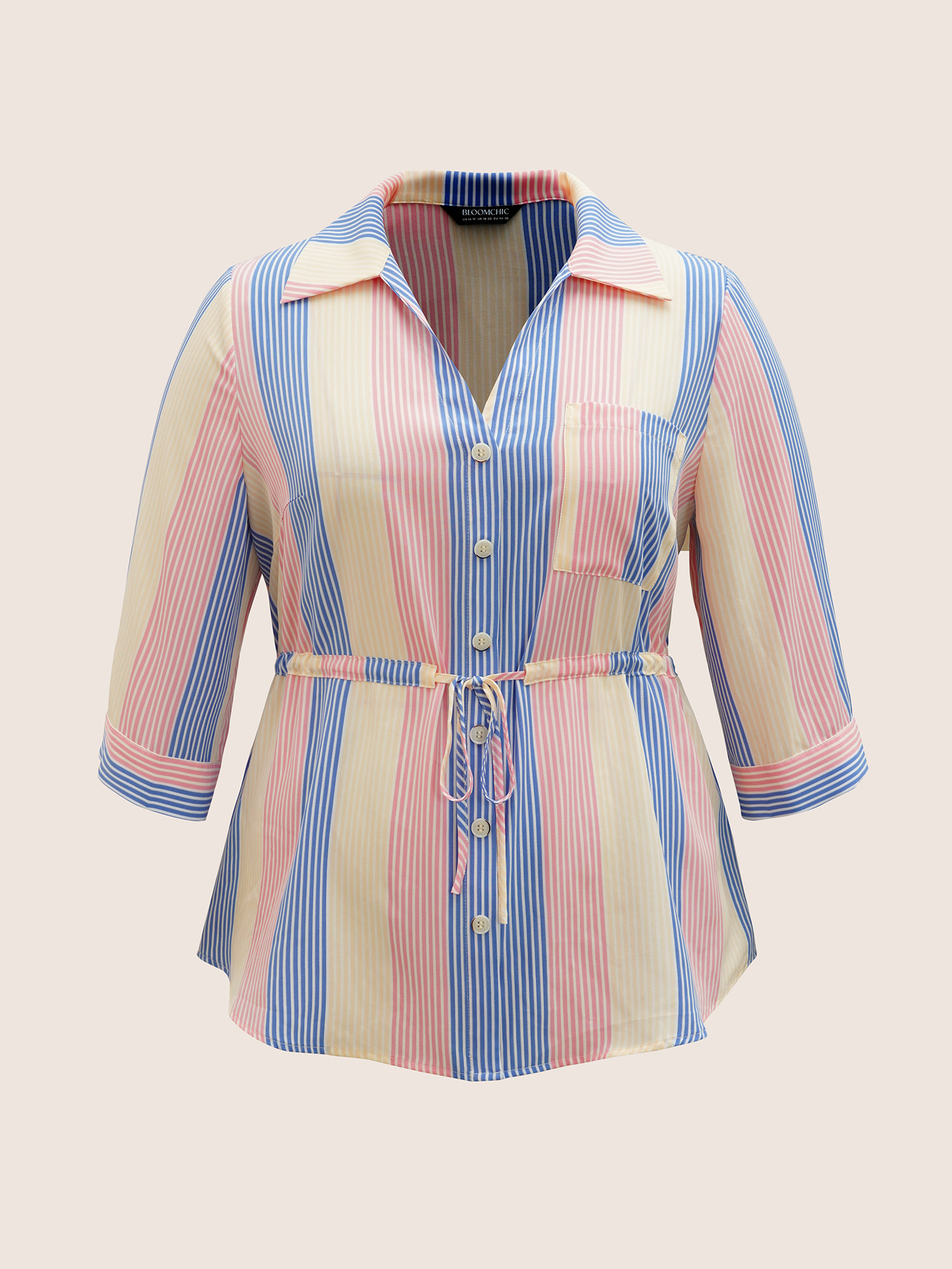 

Plus Size Multicolor Contrast Striped Drawstring Patched Pocket Blouse Women Casual Elbow-length sleeve Shirt collar Everyday Blouses BloomChic