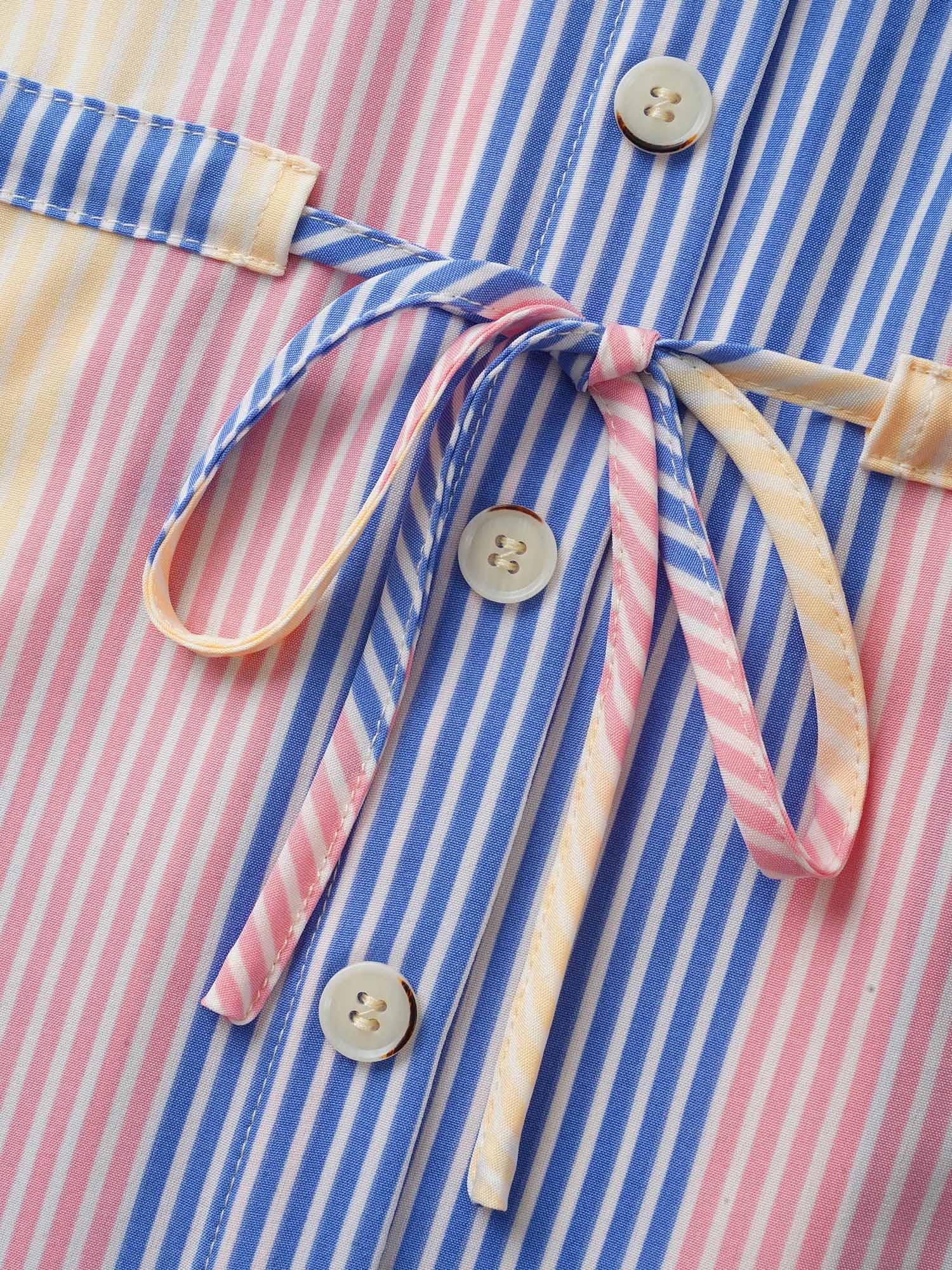 Plus Size Multicolor Contrast Striped Drawstring Patched Pocket Blouse Women Casual Elbow-length sleeve Shirt collar Everyday Blouses BloomChic 22-24/3X 