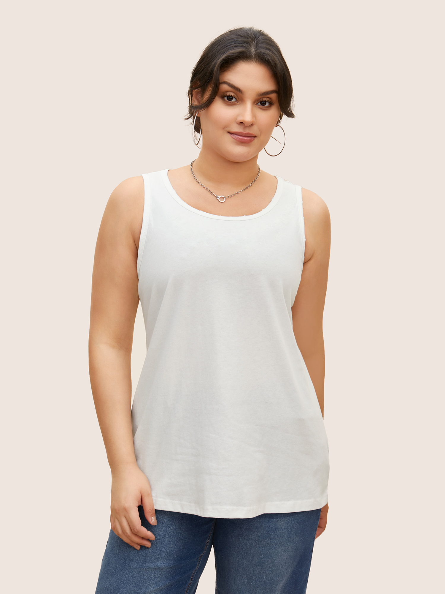 

Plus Size Cotton Round Neck Distressed Stretched Tank Top Women WhiteSmoke Casual Distressed Round Neck Everyday Tank Tops Camis BloomChic