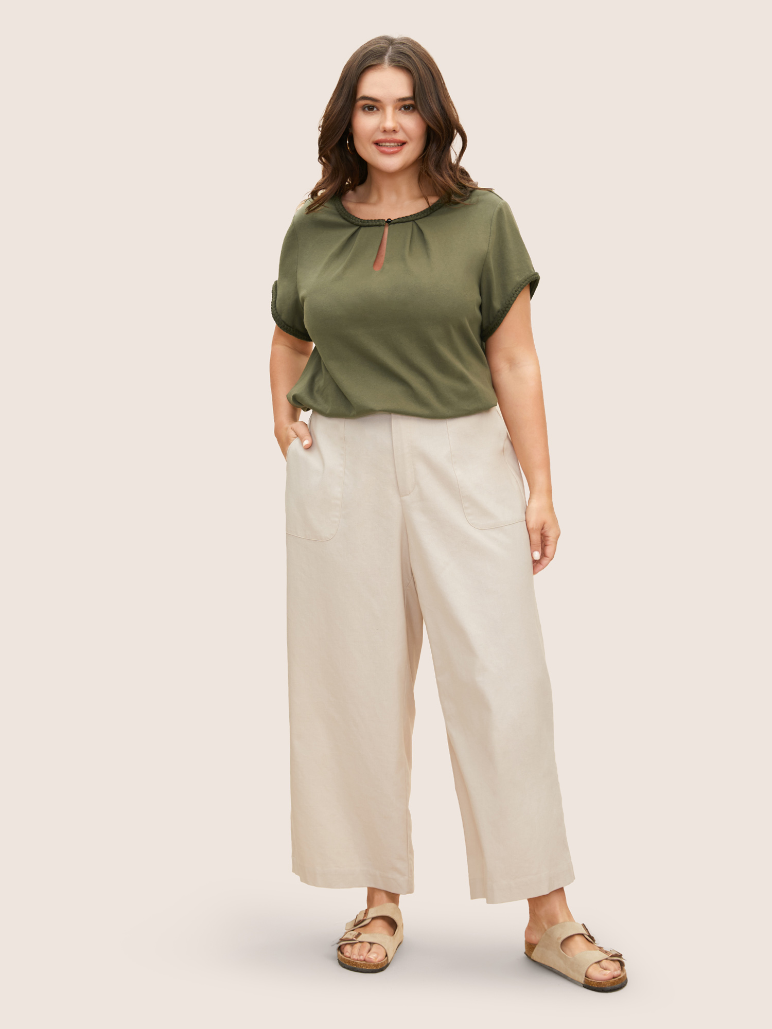 

Plus Size Cotton Keyhole Contrast Webbing Pleated T-shirt ArmyGreen Women Casual Pleated Round Neck Everyday T-shirts BloomChic