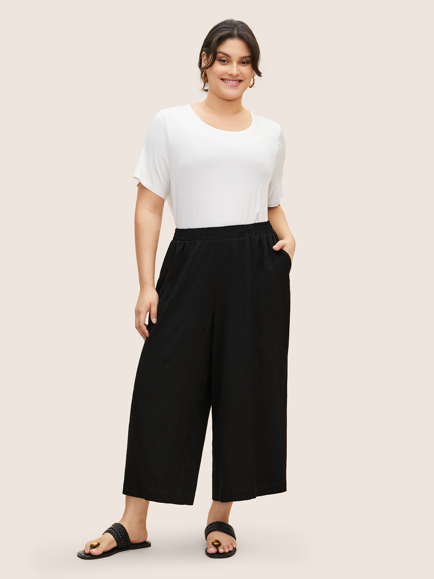 Plus Size Solid Linen Blend Elastic Waist Wide Leg Pants Women Black Casual Wide Leg Mid Rise Everyday Pants BloomChic 18-20/2X 