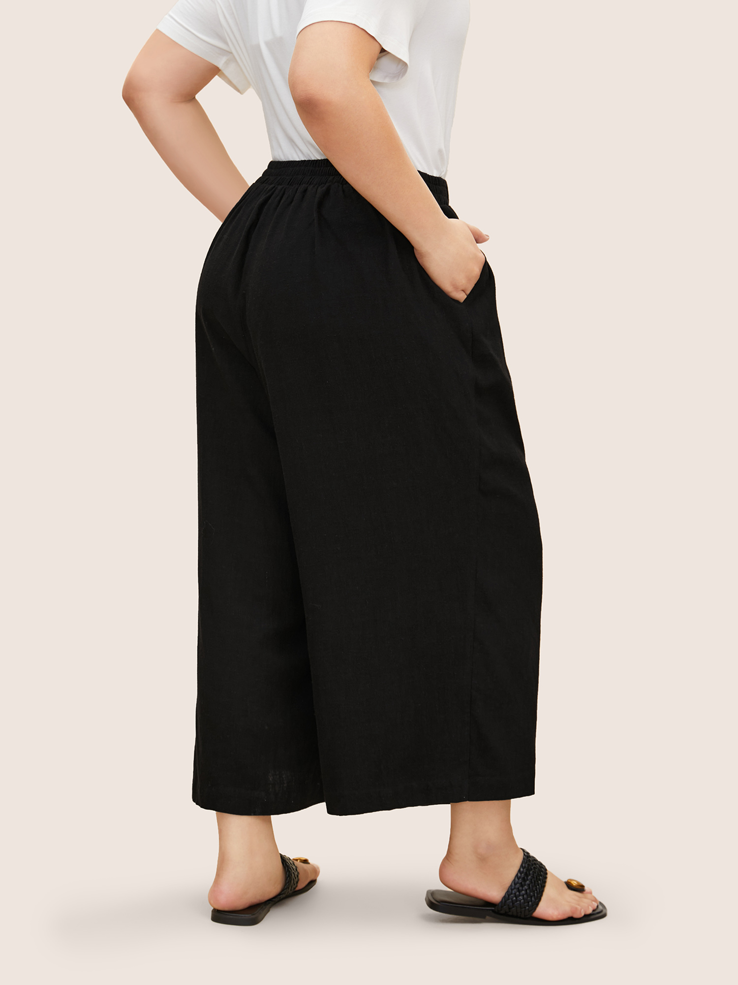 Plus Size Solid Linen Blend Elastic Waist Wide Leg Pants Women Black Casual Wide Leg Mid Rise Everyday Pants BloomChic 18-20/2X 