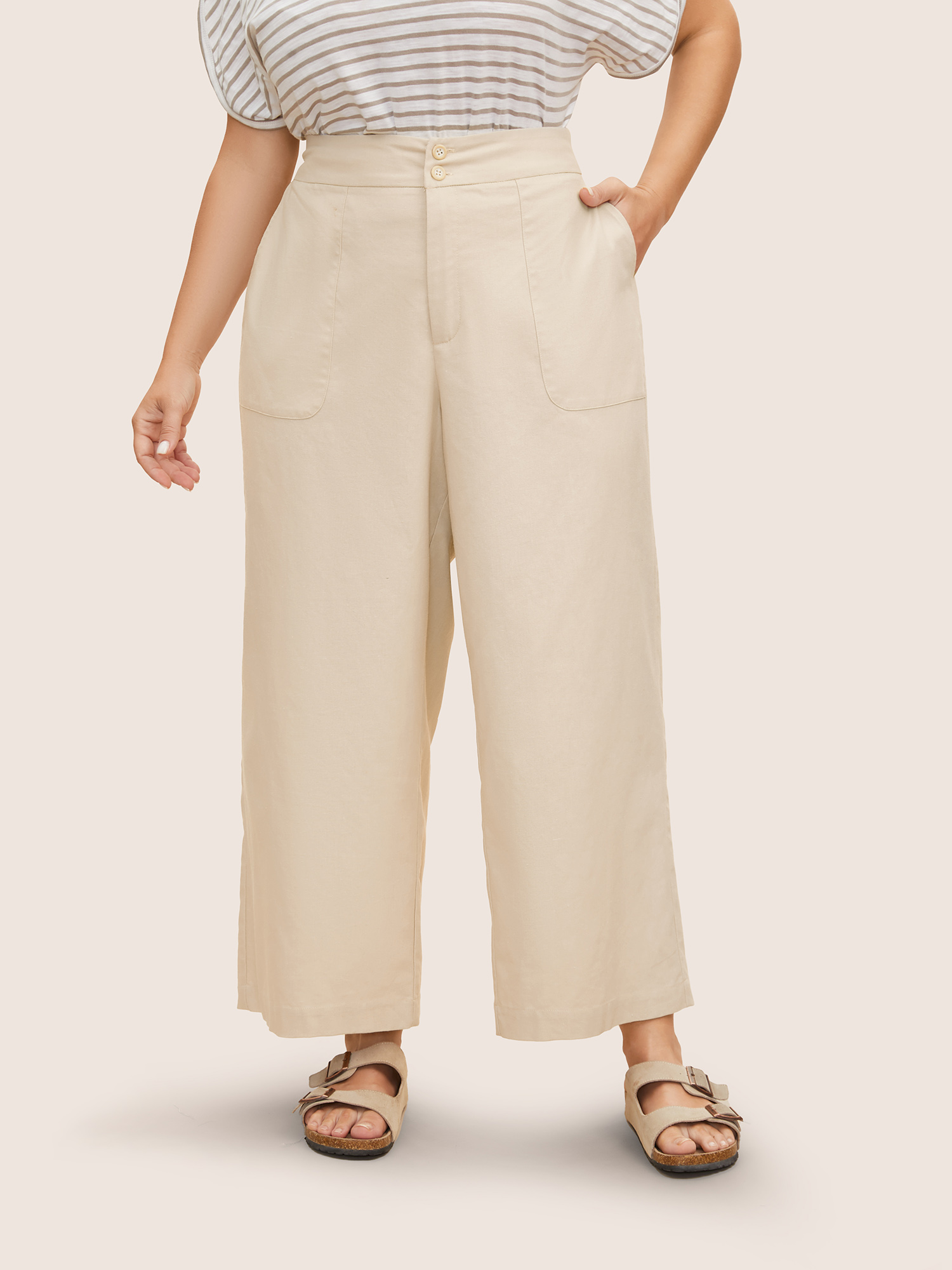 

Plus Size Cotton Linen Solid Mid Rise Wide Leg Pants Women Beige Casual Wide Leg Mid Rise Everyday Pants BloomChic