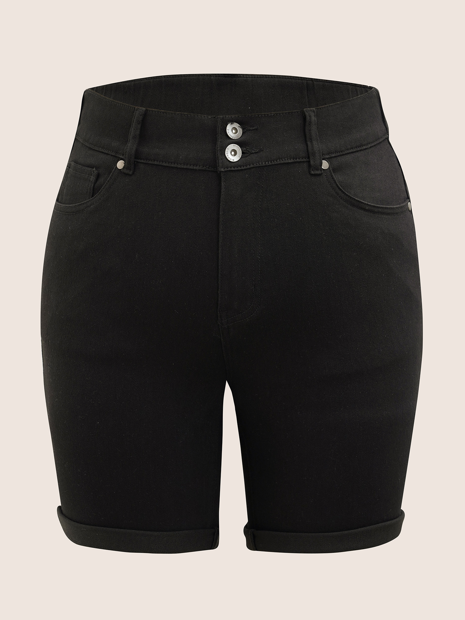 Plus Size Black Wash Roll Hem Slim Denim Shorts Women Black Roll Hem High stretch Everyday Slanted pocket Casual Denim Shorts BloomChic 14/1X 