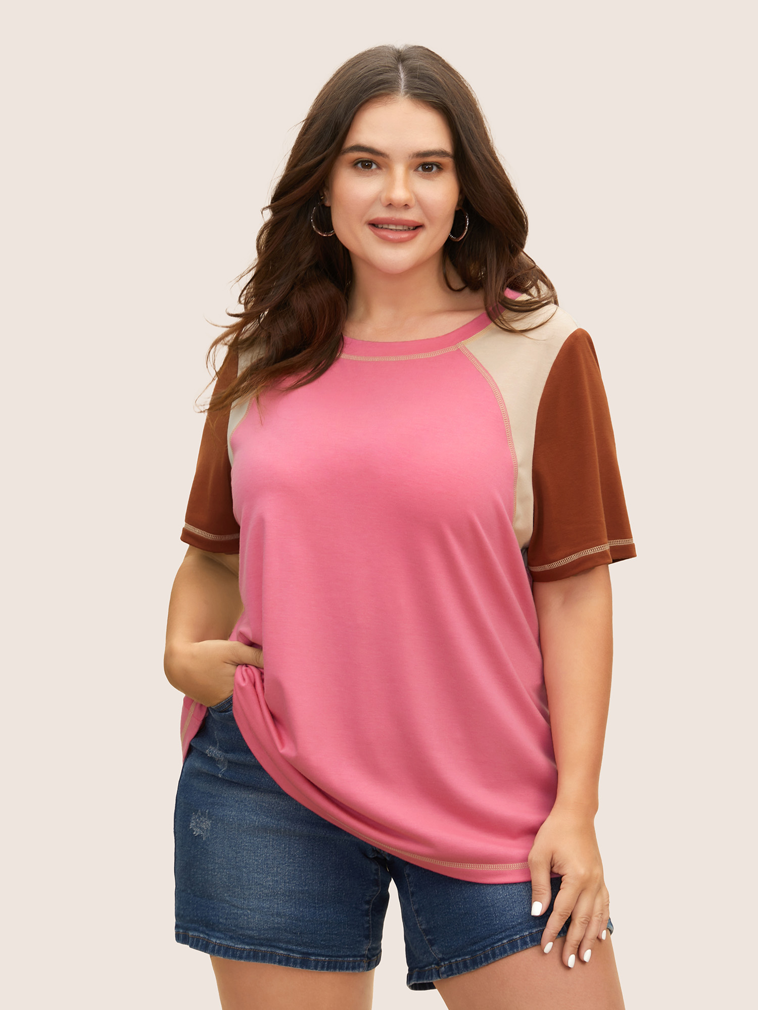 

Plus Size Round Neck Contrast Patchwork Quilted T-shirt Beanpastepowder Women Casual Contrast Round Neck Everyday T-shirts BloomChic