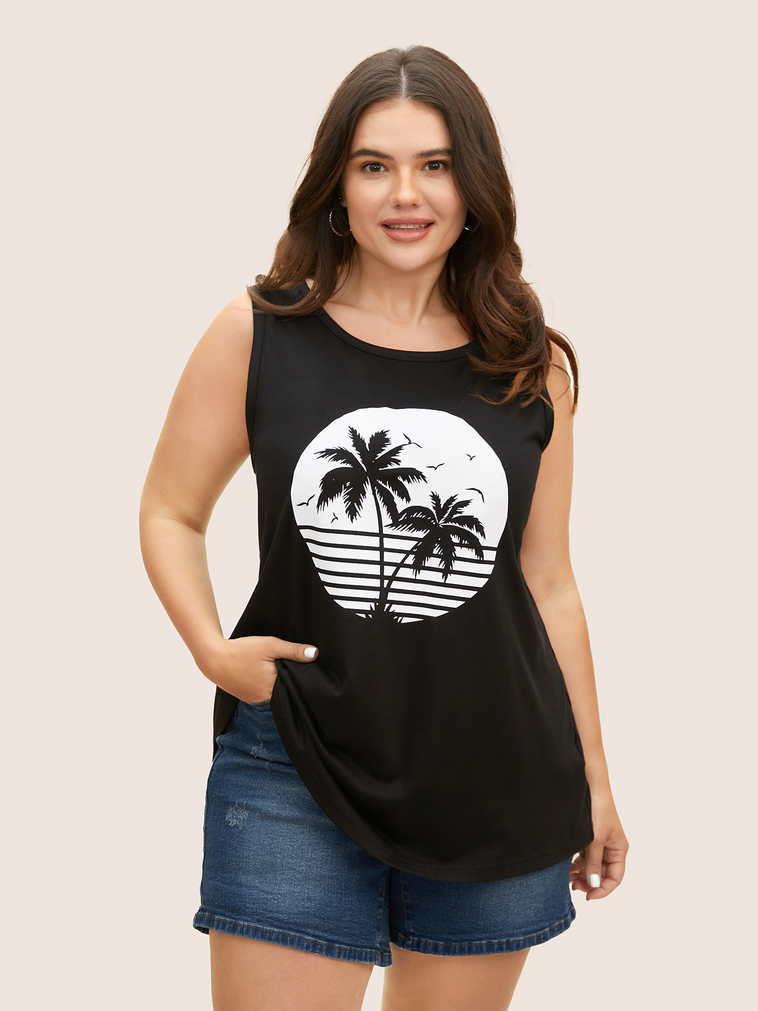 

Plus Size Tropical Print Heather Crew Neck Tank Top Women Black Resort Round Neck Vacation Tank Tops Camis BloomChic
