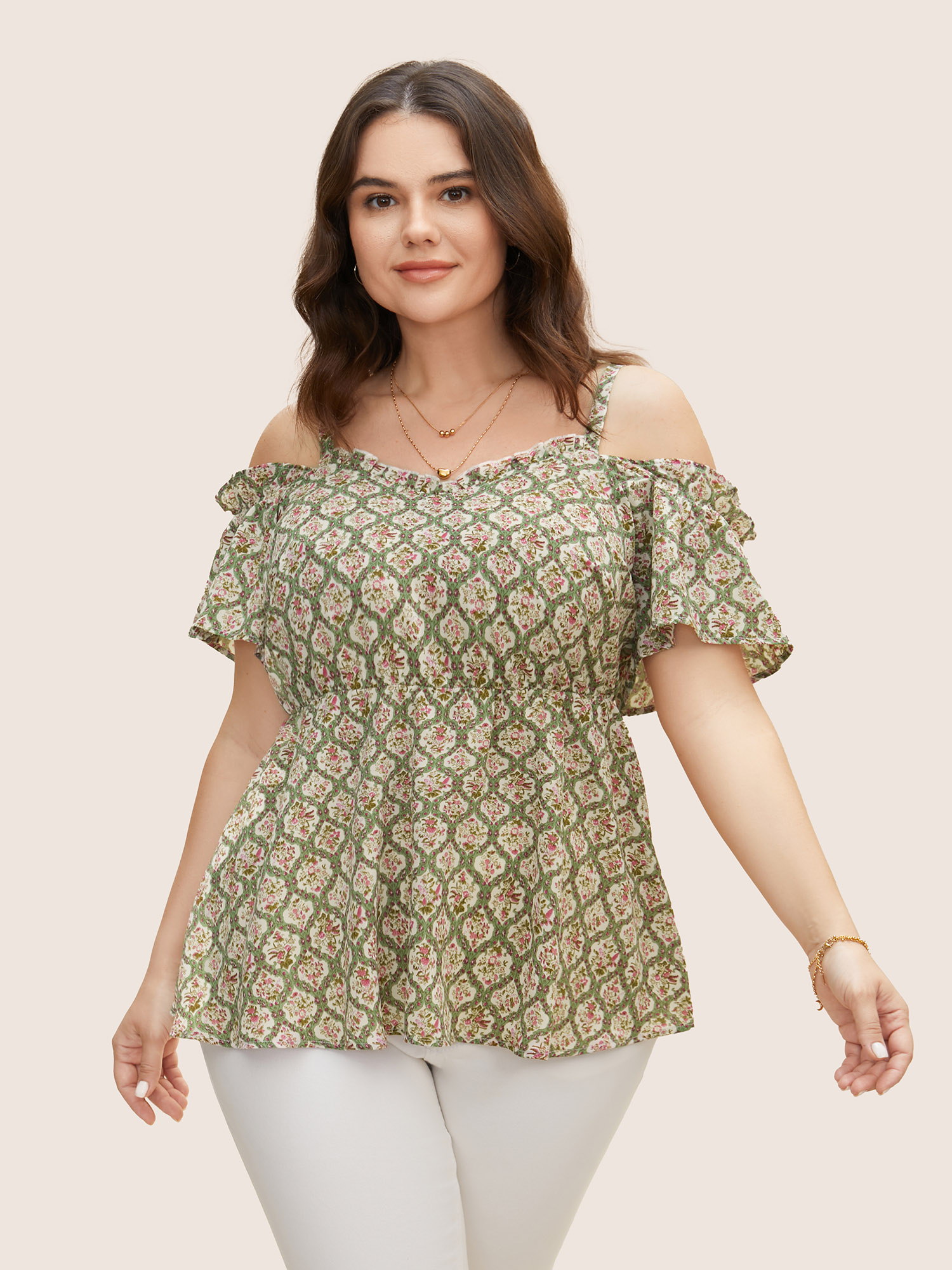 Plus Size Multicolor Boho Print Off Shoulder Ruffles Blouse Women Elegant Short sleeve One-shoulder neck Everyday Blouses BloomChic 30/6X 
