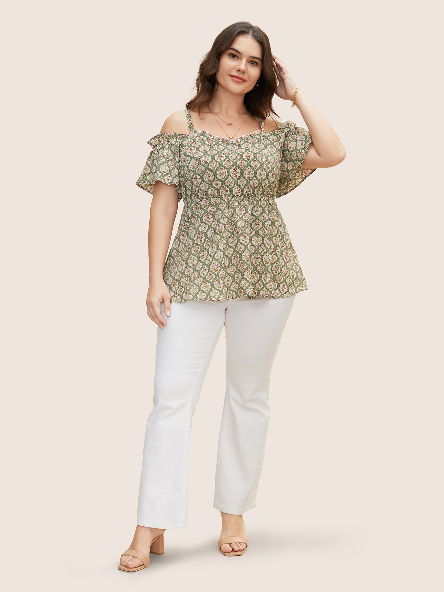 Plus Size Multicolor Boho Print Off Shoulder Ruffles Blouse Women Elegant Short sleeve One-shoulder neck Everyday Blouses BloomChic 30/6X 