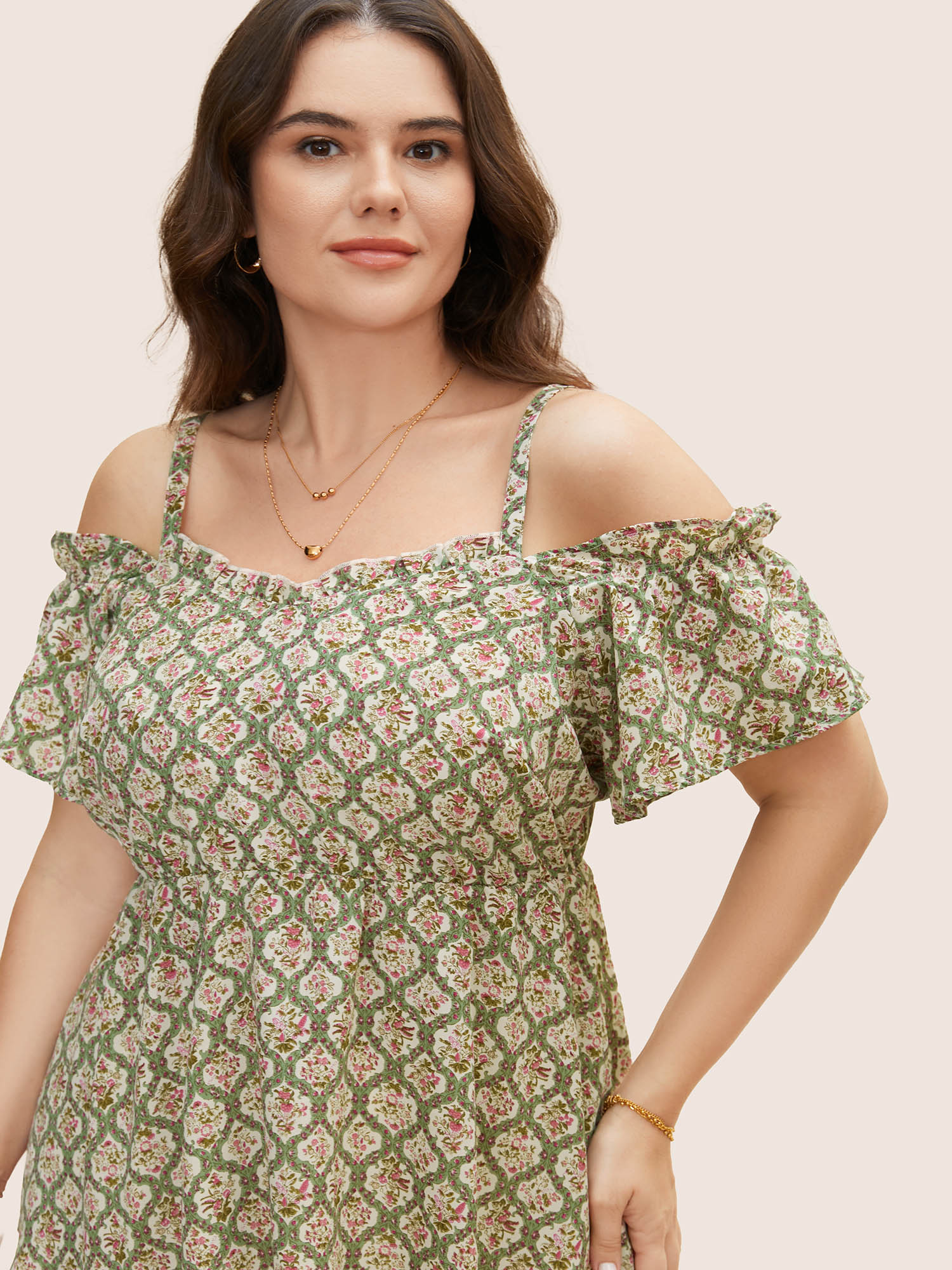 Plus Size Multicolor Boho Print Off Shoulder Ruffles Blouse Women Elegant Short sleeve One-shoulder neck Everyday Blouses BloomChic 30/6X 