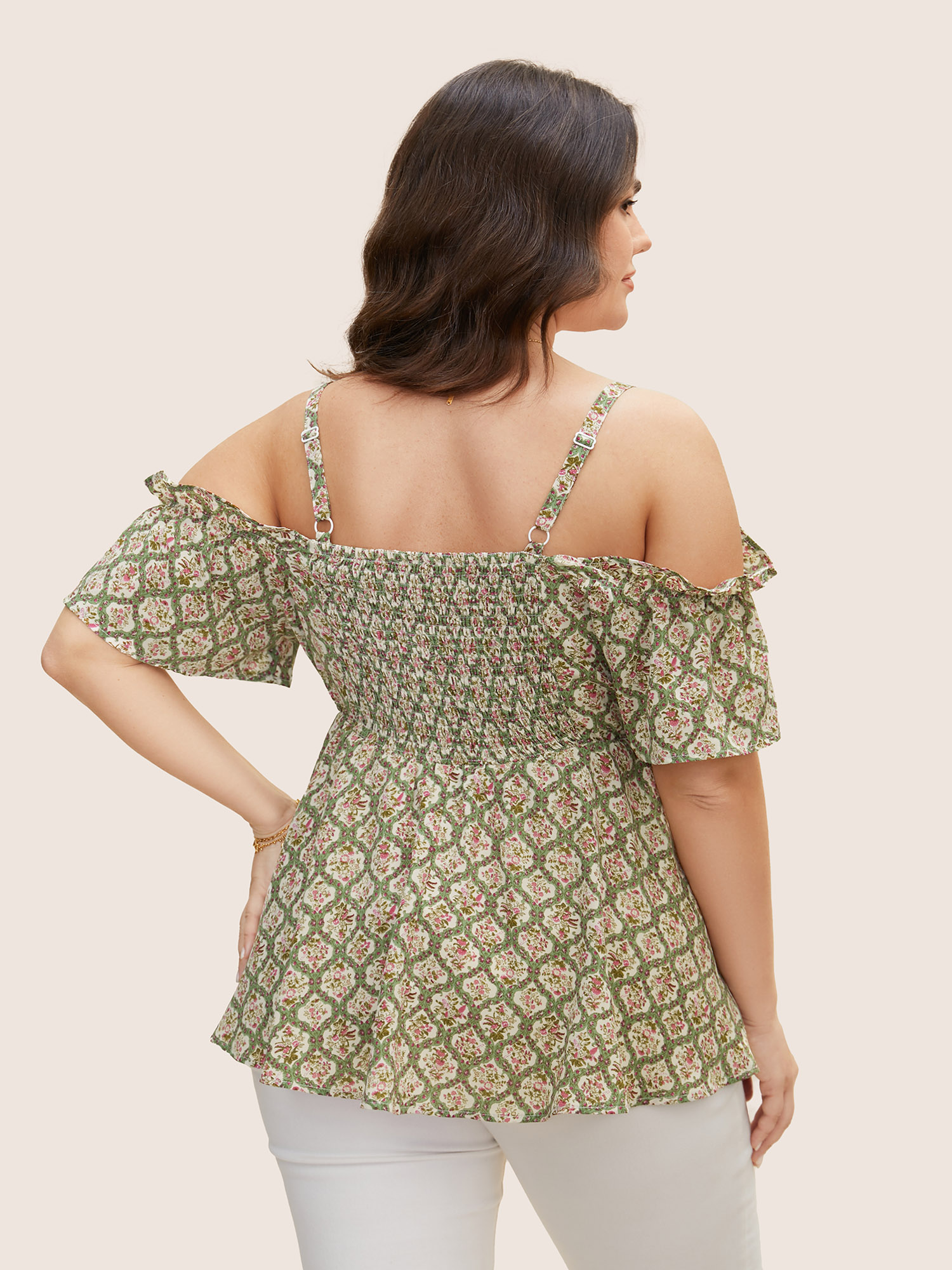 Plus Size Multicolor Boho Print Off Shoulder Ruffles Blouse Women Elegant Short sleeve One-shoulder neck Everyday Blouses BloomChic 30/6X 