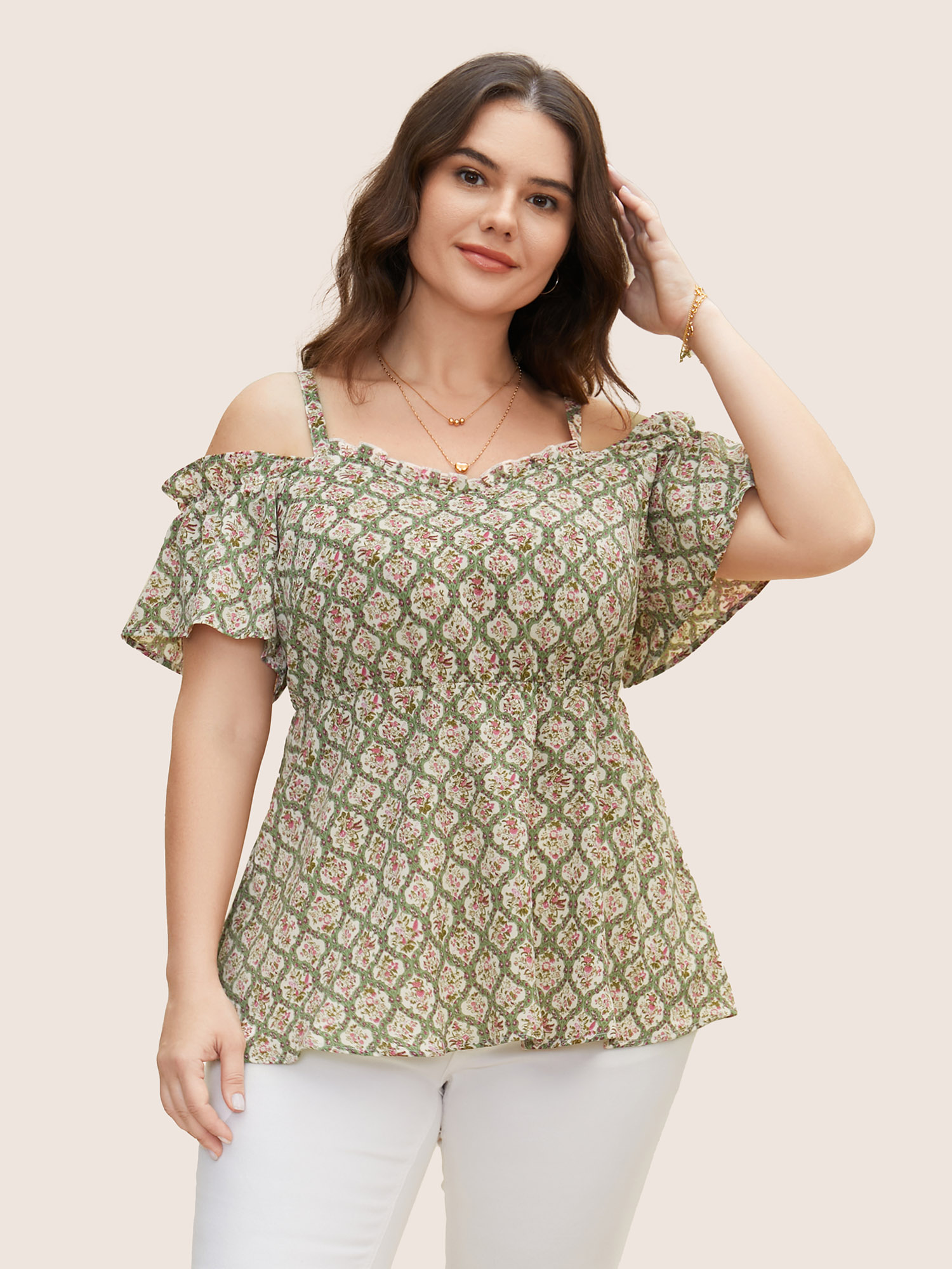Plus Size Multicolor Boho Print Off Shoulder Ruffles Blouse Women Elegant Short sleeve One-shoulder neck Everyday Blouses BloomChic 30/6X 