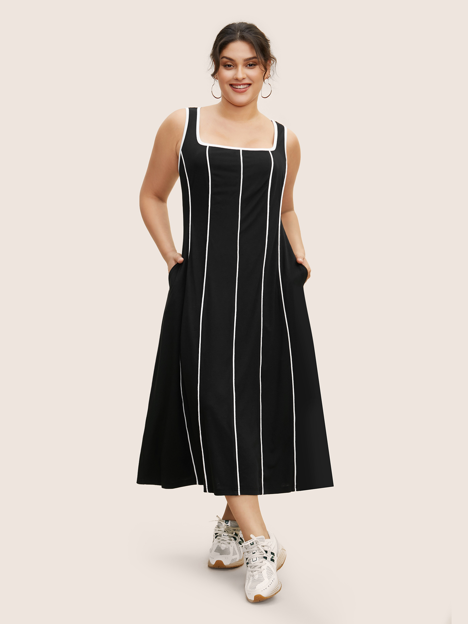 Plus Size Square Neck Contrast Trim Midi Dress Black Women Contrast Square Neck Sleeveless Curvy BloomChic 28/5X 