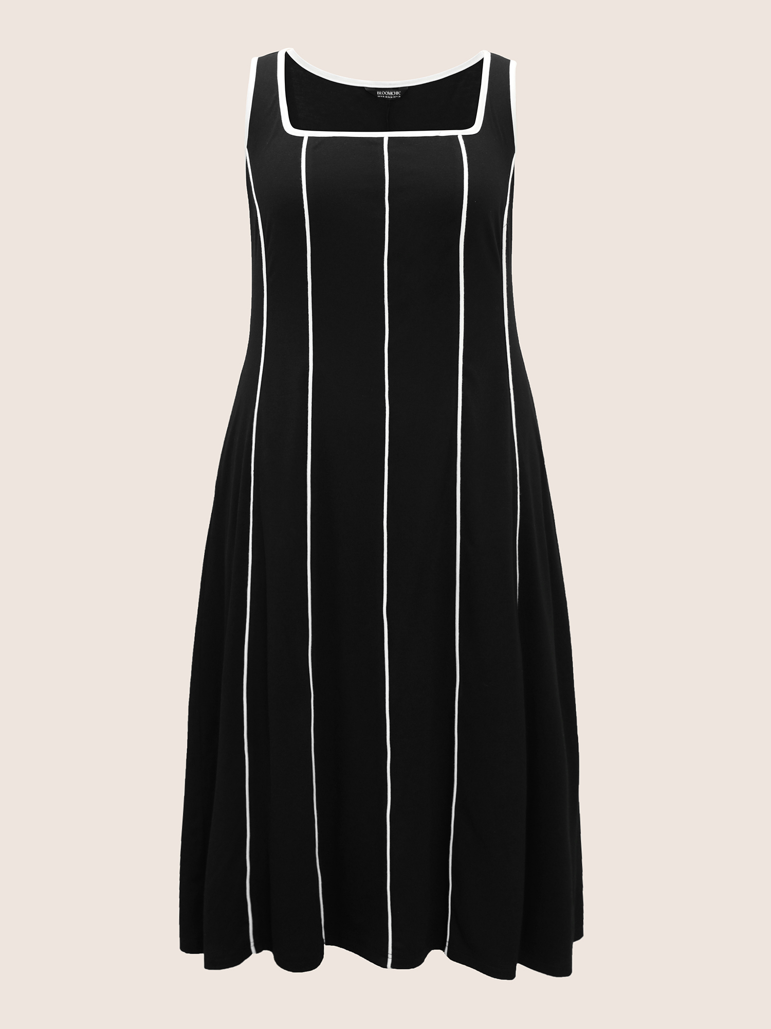 Plus Size Square Neck Contrast Trim Midi Dress Black Women Contrast Square Neck Sleeveless Curvy BloomChic 28/5X 