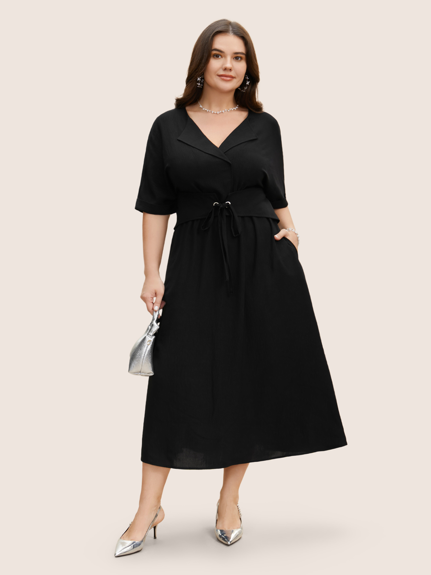 

Plus Size Suit Collar Tie Knot Dolman Sleeve Midi Dress Black Women Work From Home Tie knot Suit Collar Short sleeve Curvy BloomChic