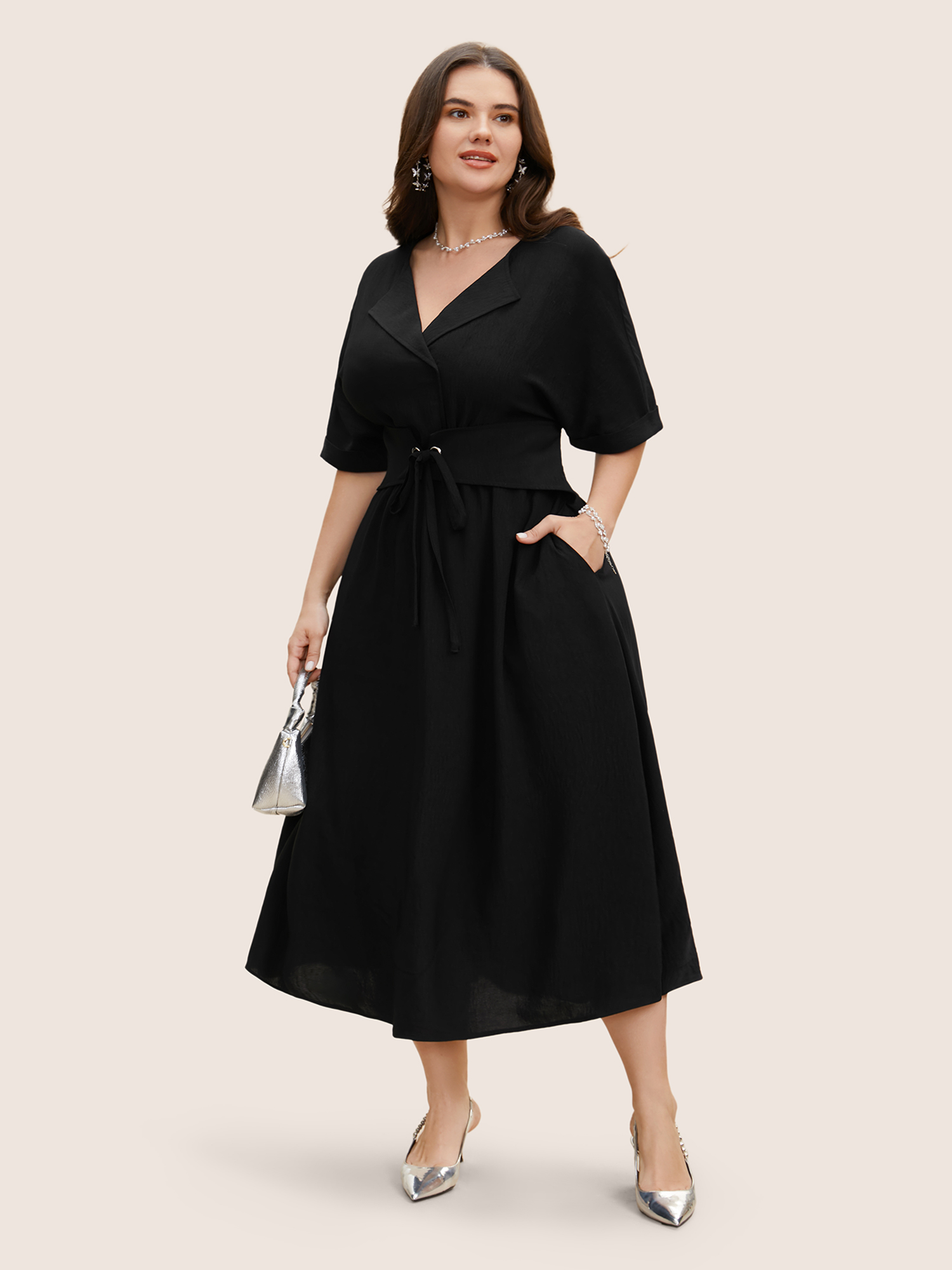 

Plus Size Suit Collar Tie Knot Dolman Sleeve Midi Dress Black Women Work From Home Tie knot Suit Collar Short sleeve Curvy BloomChic