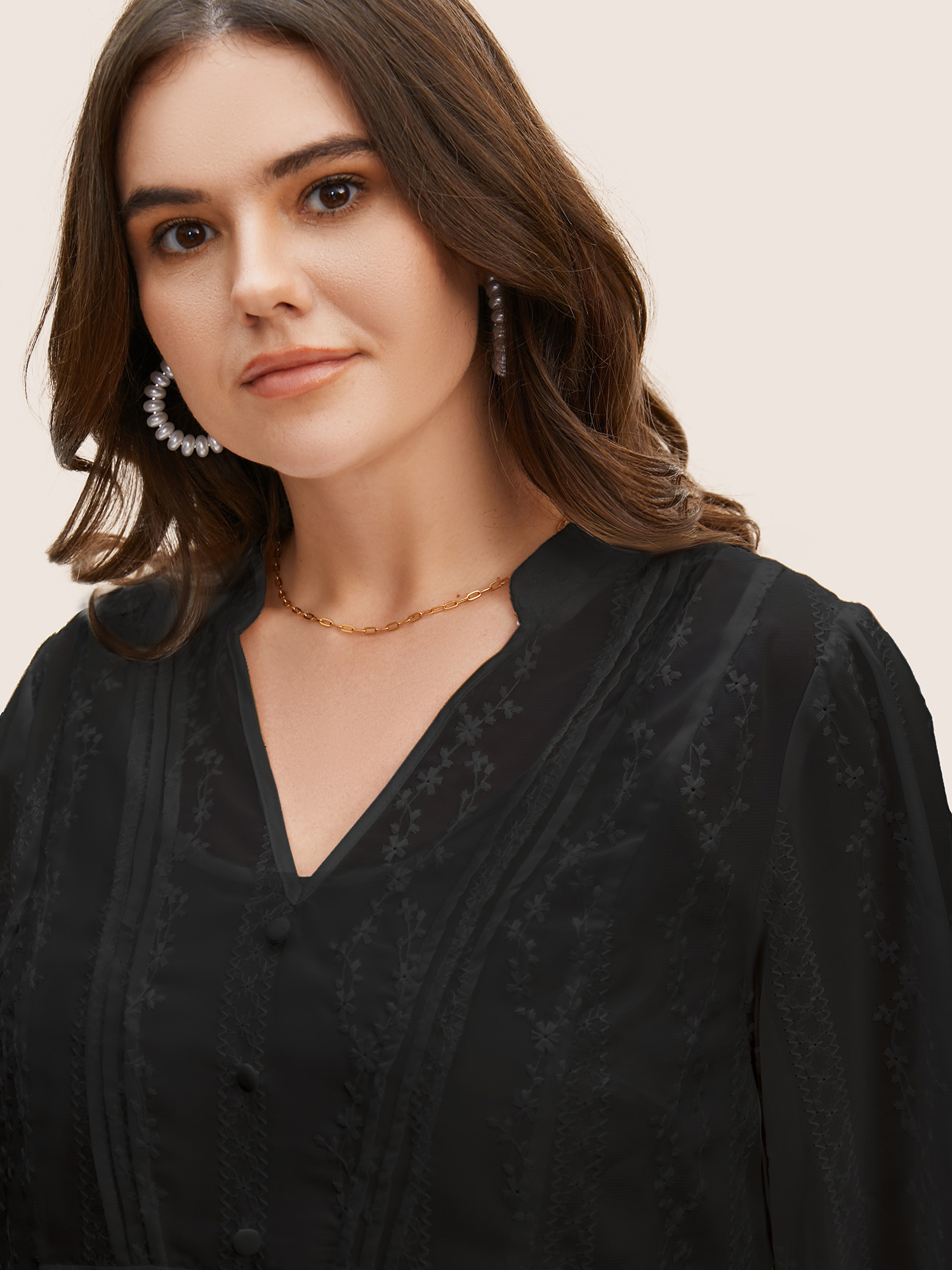 

Plus Size Black Texture Mesh Button Detail Tucked Seam Blouse Women Elegant Elbow-length sleeve V-neck Everyday Blouses BloomChic