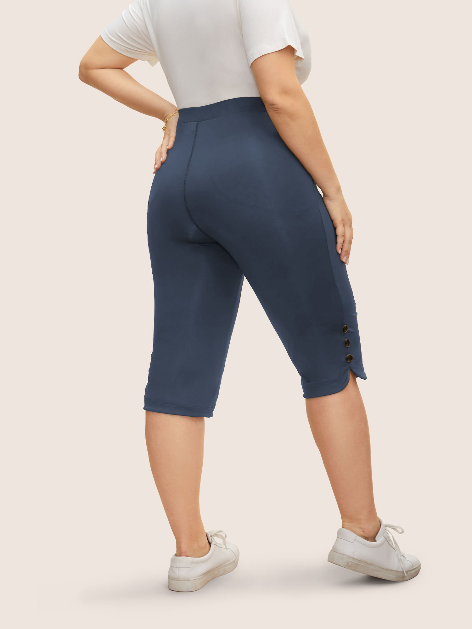Plus Size Medium Stretch Button Detail Split Side Leggings Women Stone Casual Medium stretch Skinny Mid Rise Everyday Leggings BloomChic 14-16/1X 