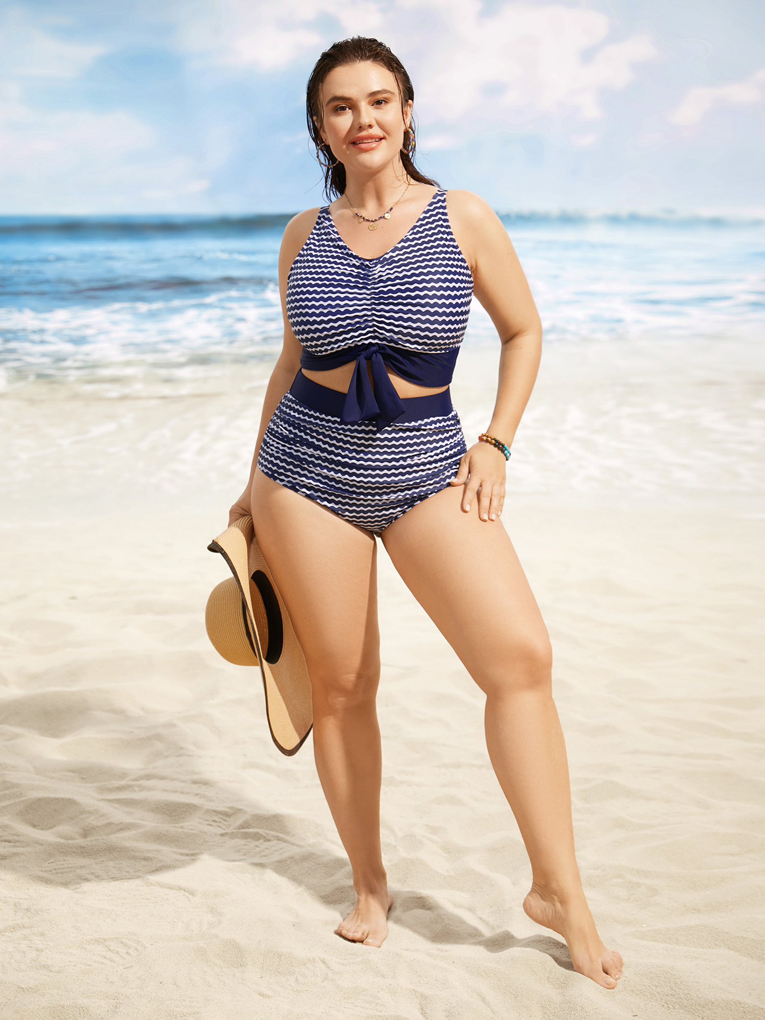 Plus Size Striped Patchwork Ruched Tie Knot Swim Top Women`s Swimwear Navy Beach Tie knot High stretch Skinny V-neck Curve Swim Tops BloomChic 18-20/2X 