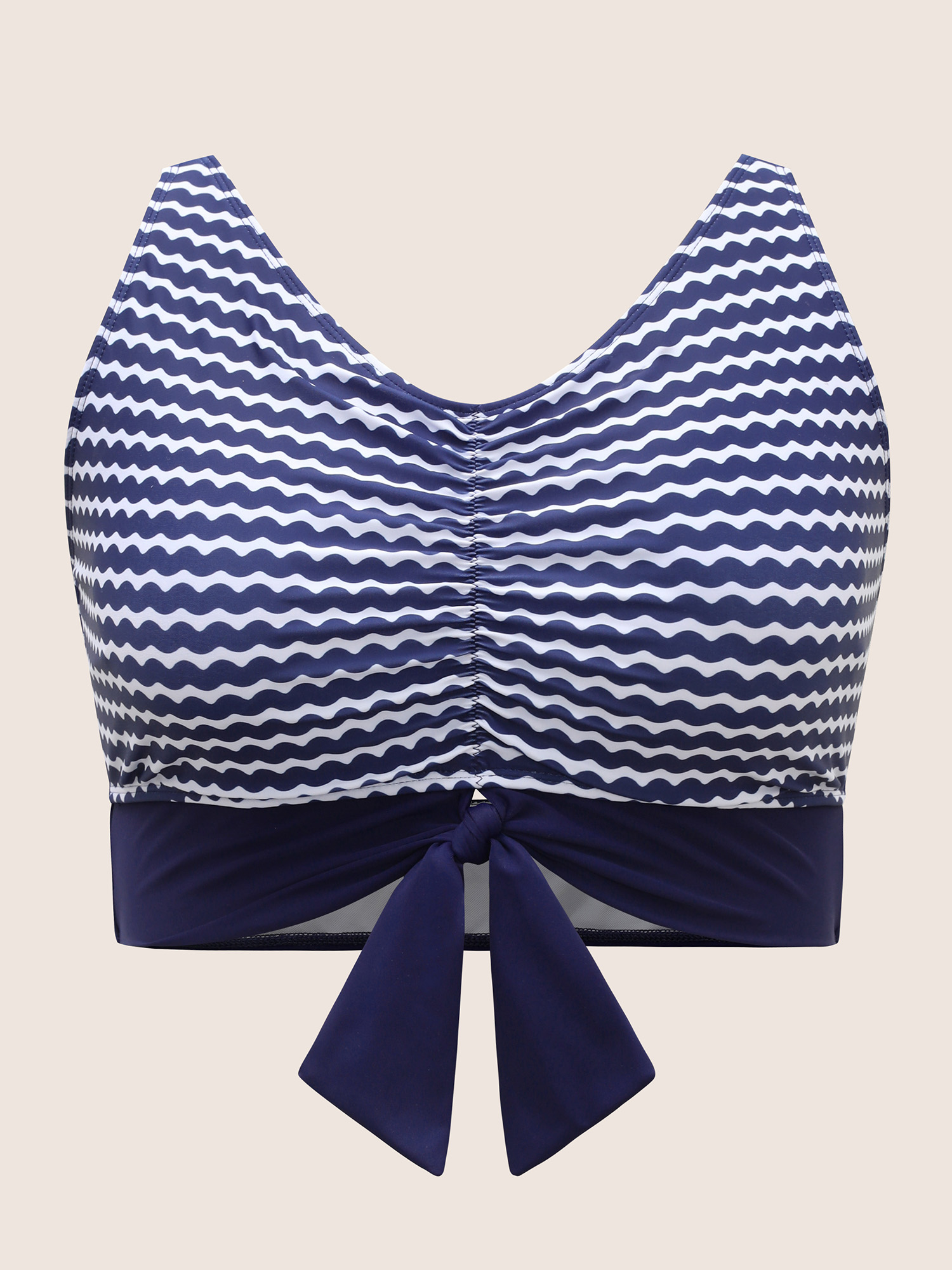 Plus Size Striped Patchwork Ruched Tie Knot Swim Top Women`s Swimwear Navy Beach Tie knot High stretch Skinny V-neck Curve Swim Tops BloomChic 18-20/2X 