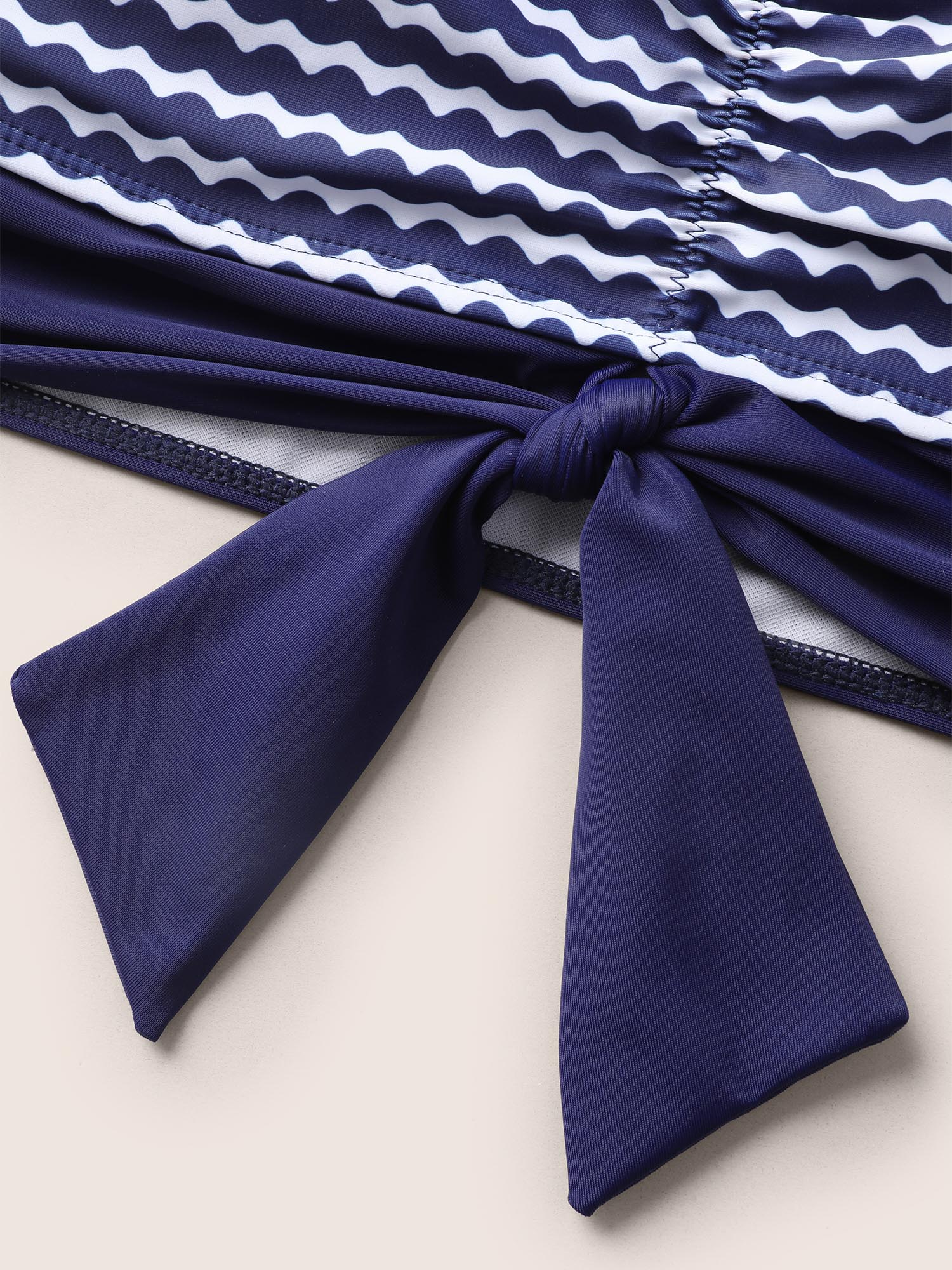 Plus Size Striped Patchwork Ruched Tie Knot Swim Top Women`s Swimwear Navy Beach Tie knot High stretch Skinny V-neck Curve Swim Tops BloomChic 18-20/2X 