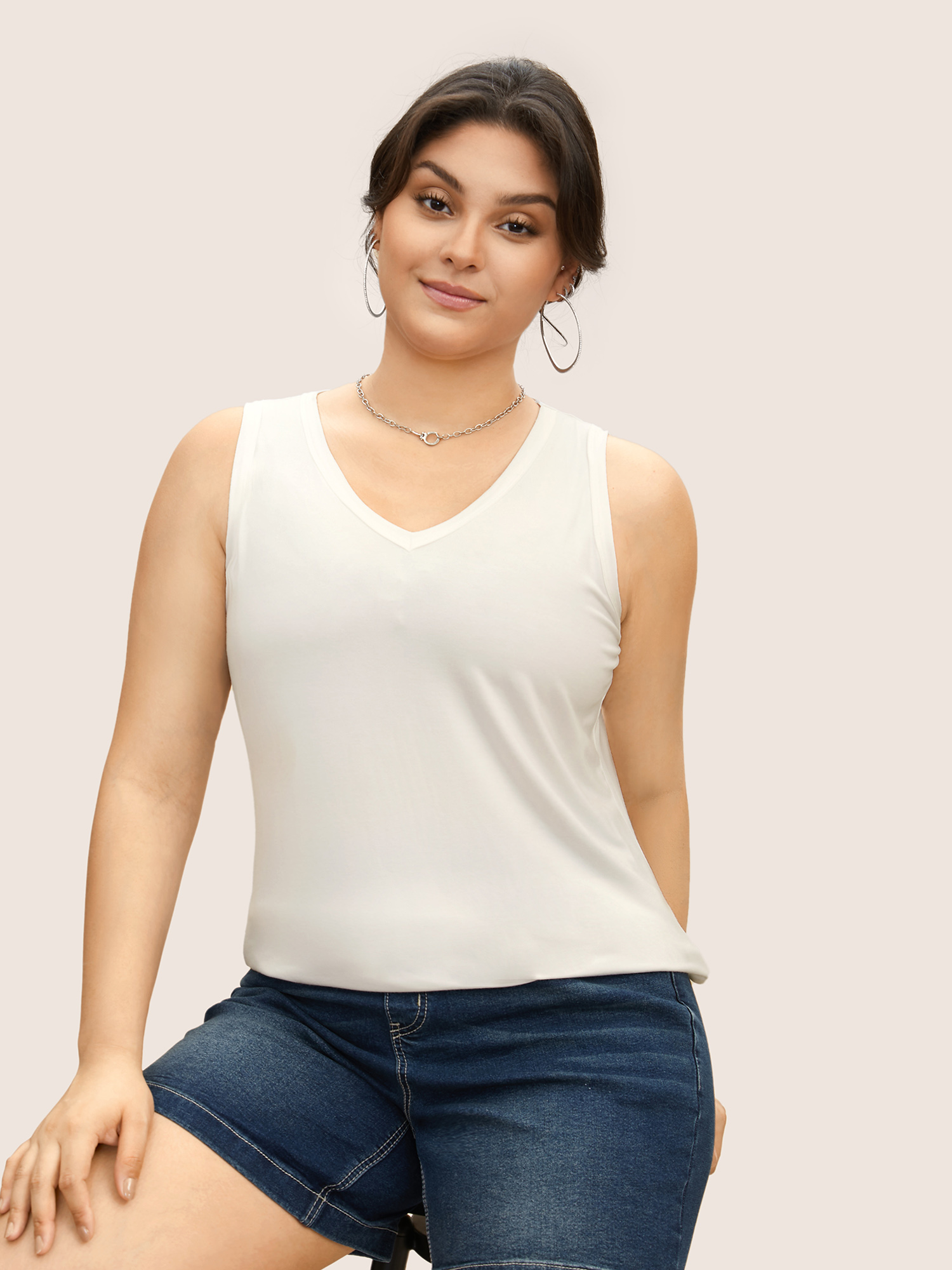 

Plus Size Supersoft Essentials Solid Basic Knit Tank Top Women Beige Basics Non V-neck Everyday Tank Tops Camis BloomChic