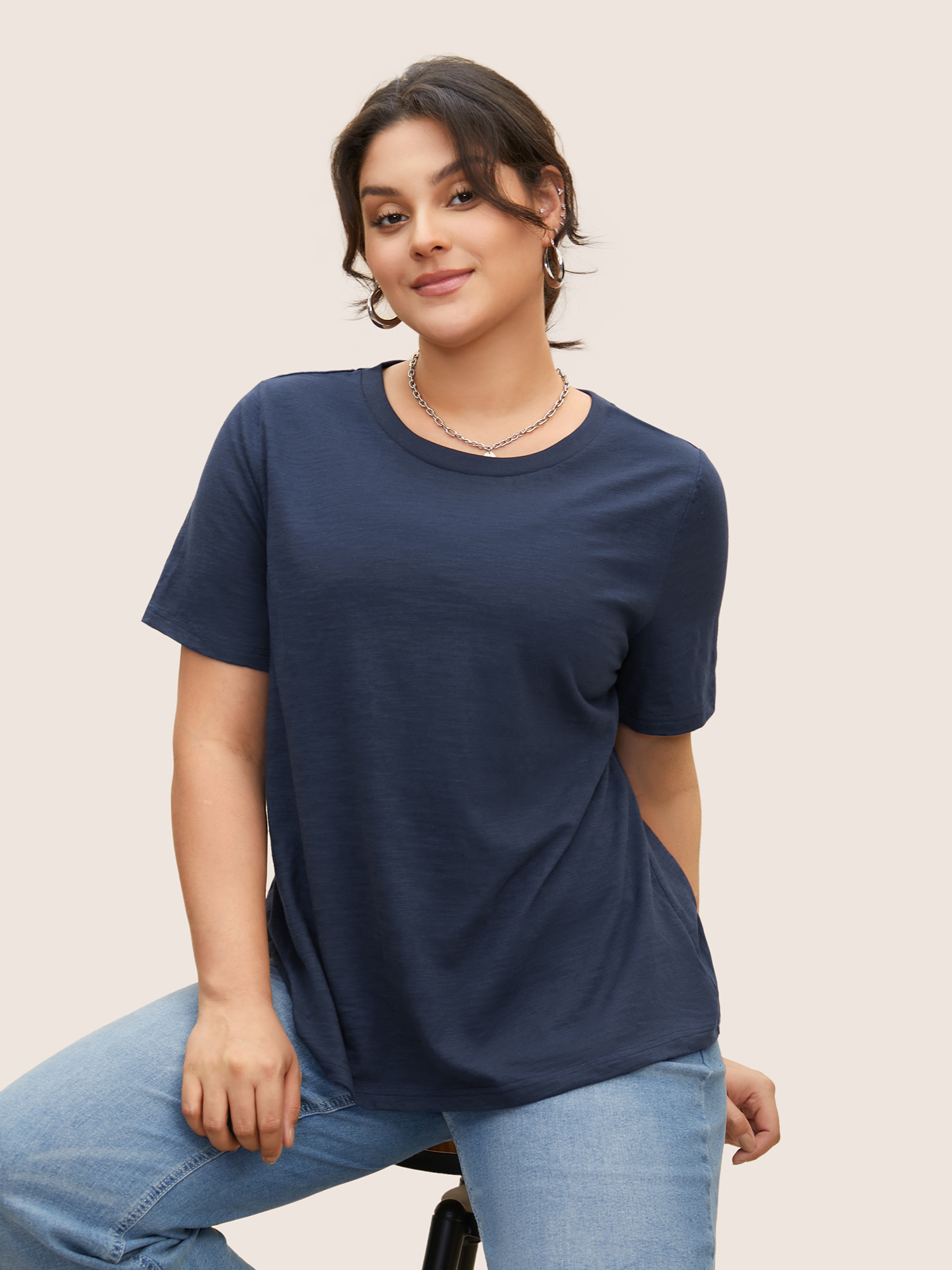 

Plus Size Cotton Solid Crew Neck Pit Strip T-shirt Indigo Women Basics Non Round Neck Everyday T-shirts BloomChic