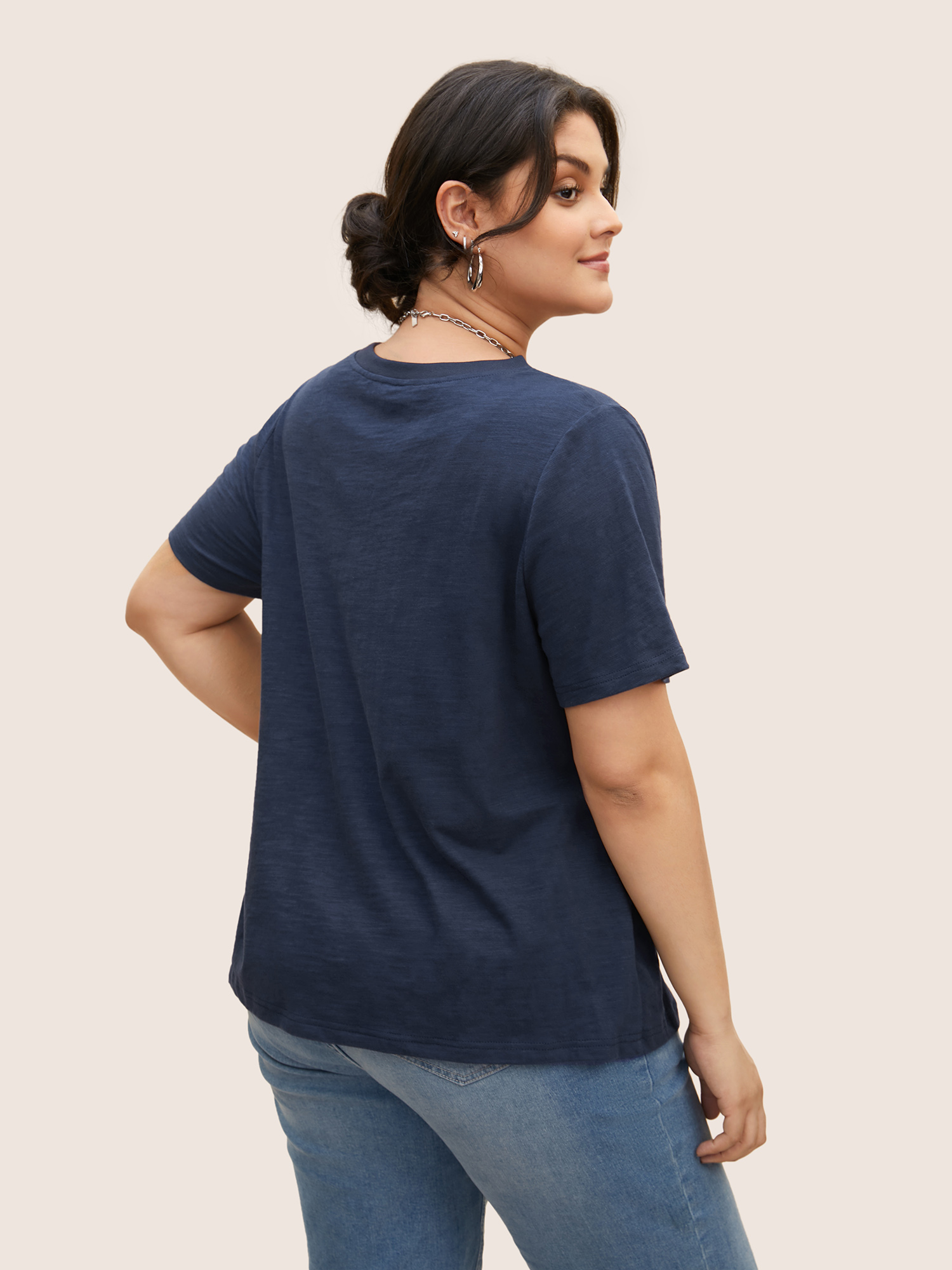 

Plus Size Cotton Solid Crew Neck Pit Strip T-shirt Indigo Women Basics Non Round Neck Everyday T-shirts BloomChic