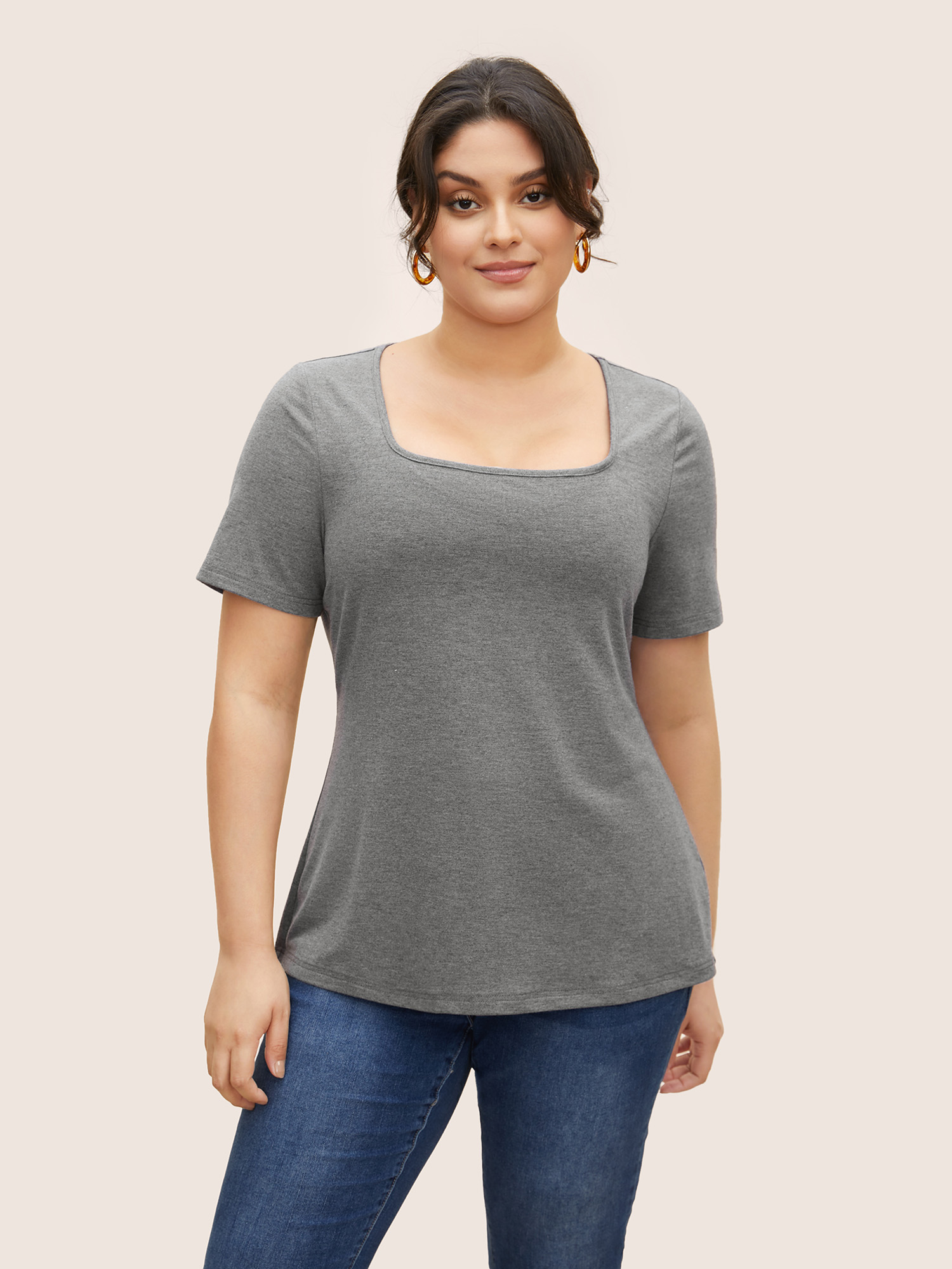

Plus Size Supersoft Essentials Solid Square Neck Knit T-shirt DimGray Women Basics Non Square Neck Bodycon Everyday T-shirts BloomChic