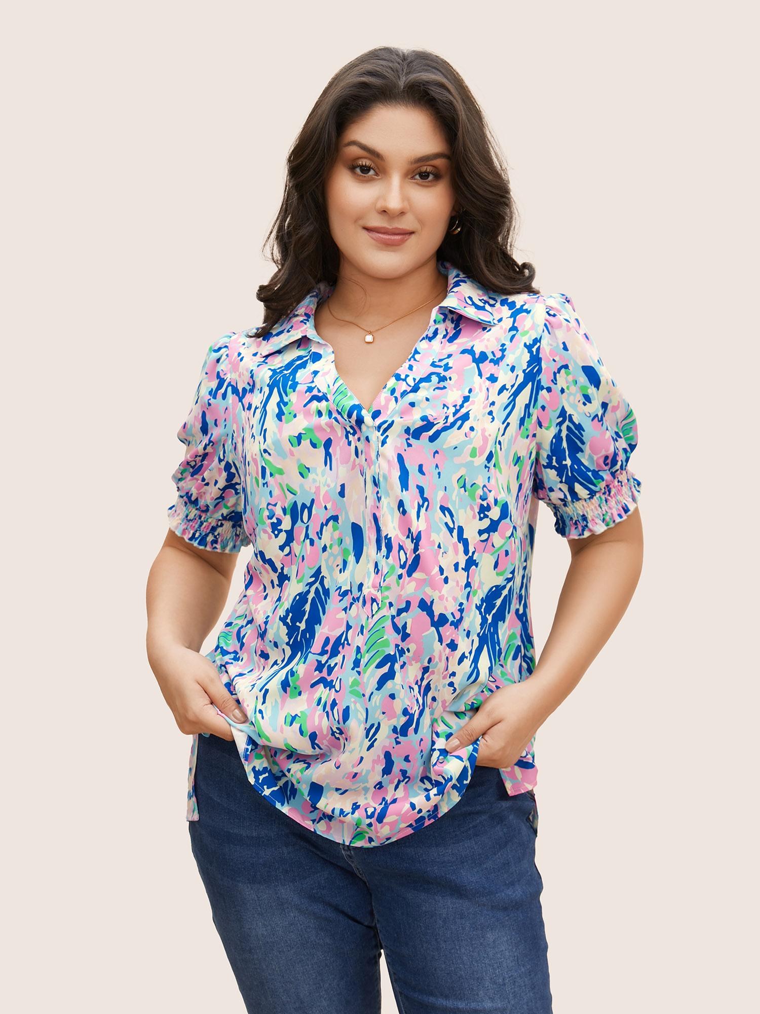 

Plus Size Multicolor Shirt Collar Watercolor Floral Lantern Sleeve Blouse Women Elegant Short sleeve Shirt collar Everyday Blouses BloomChic