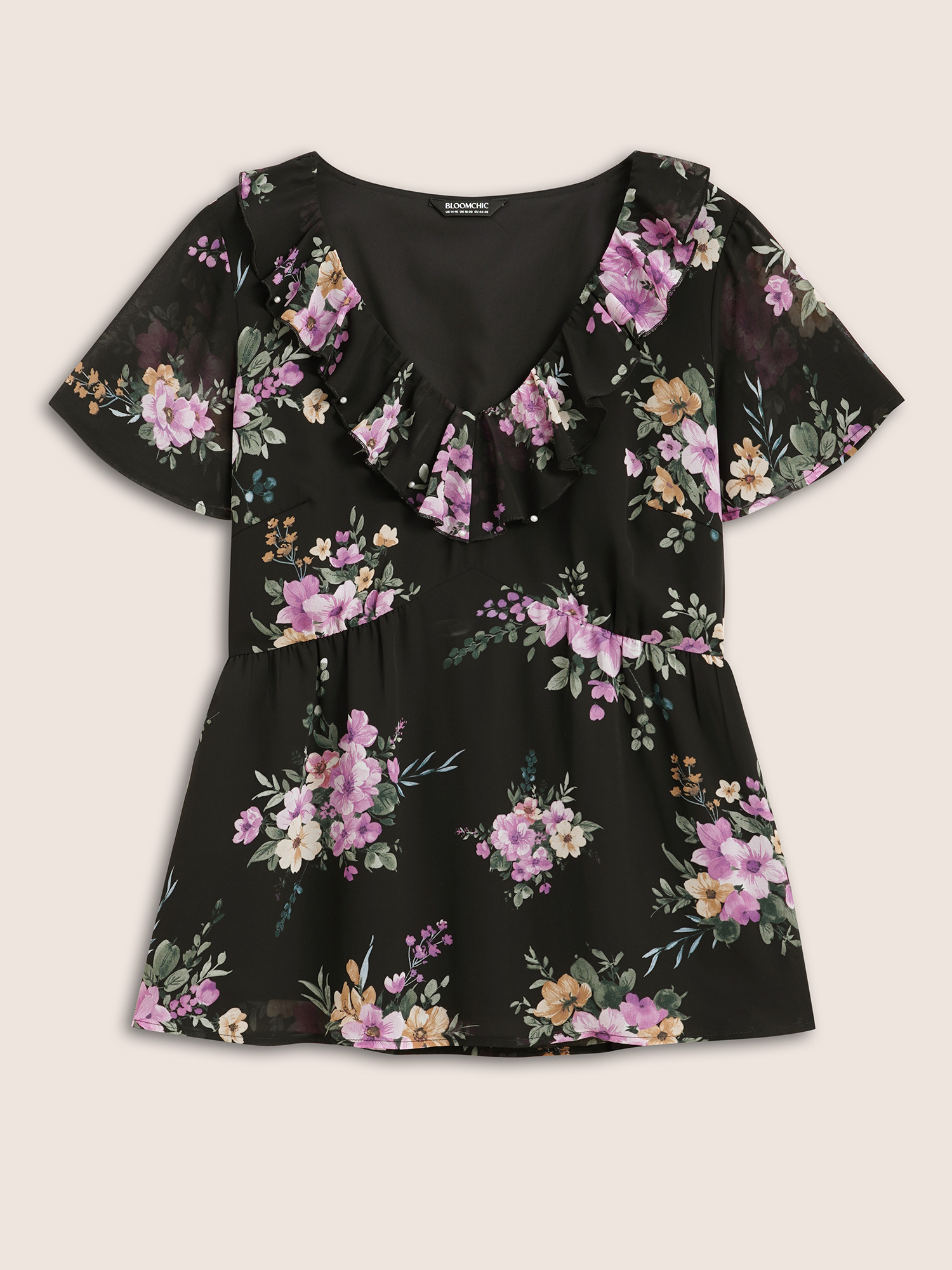 

Plus Size Black V Neck Floral Chiffon Ruffle Trim Blouse Women Elegant Short sleeve V-neck Everyday Blouses BloomChic