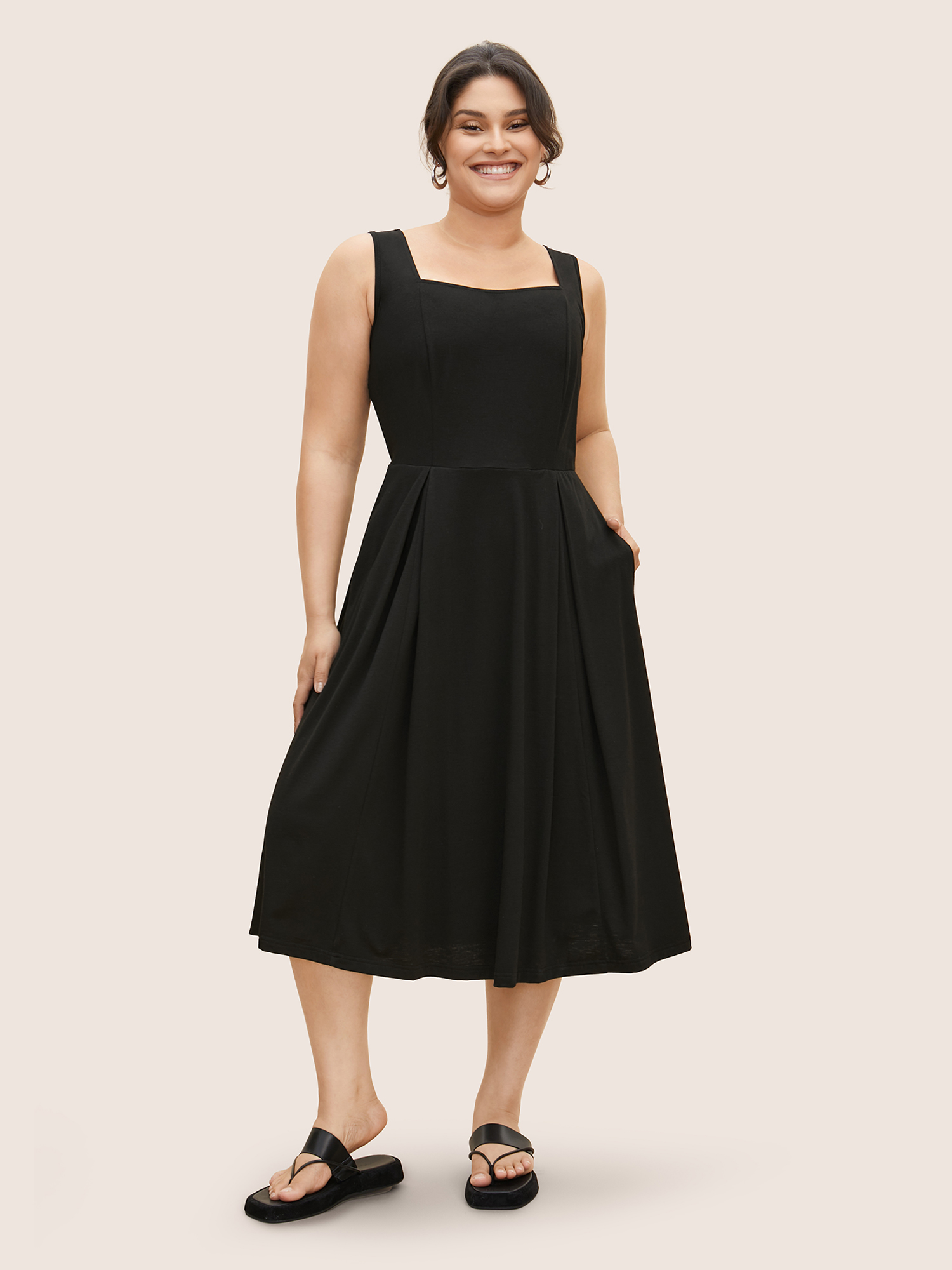 

Plus Size Square Neck Solid Plicated Detail Midi Dress Black Women Pleated Square Neck Sleeveless Curvy BloomChic