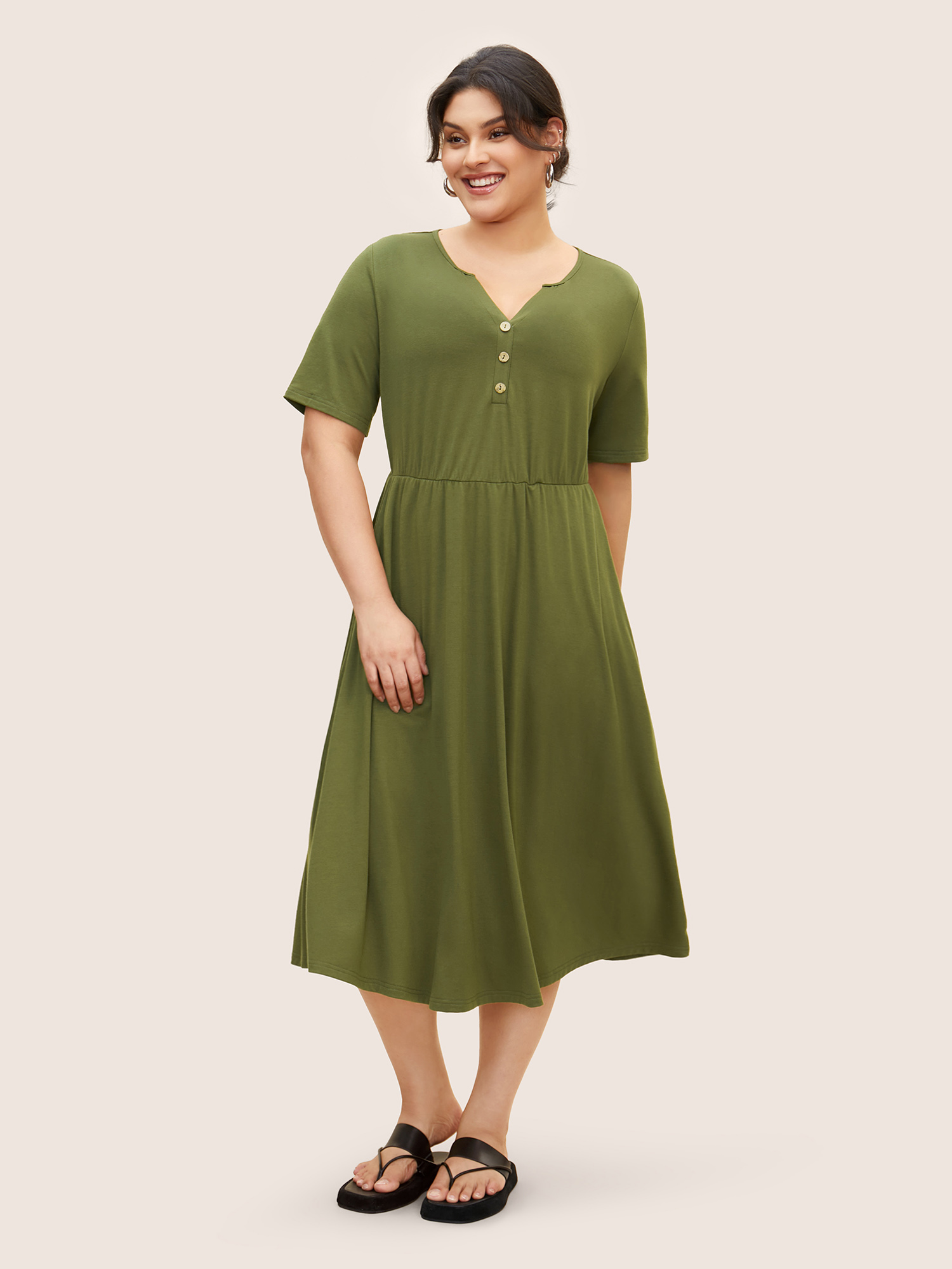 

Plus Size Notched Solid Button Detail Midi Dress ArmyGreen Women Button Flat collar with V-notch Short sleeve Curvy BloomChic