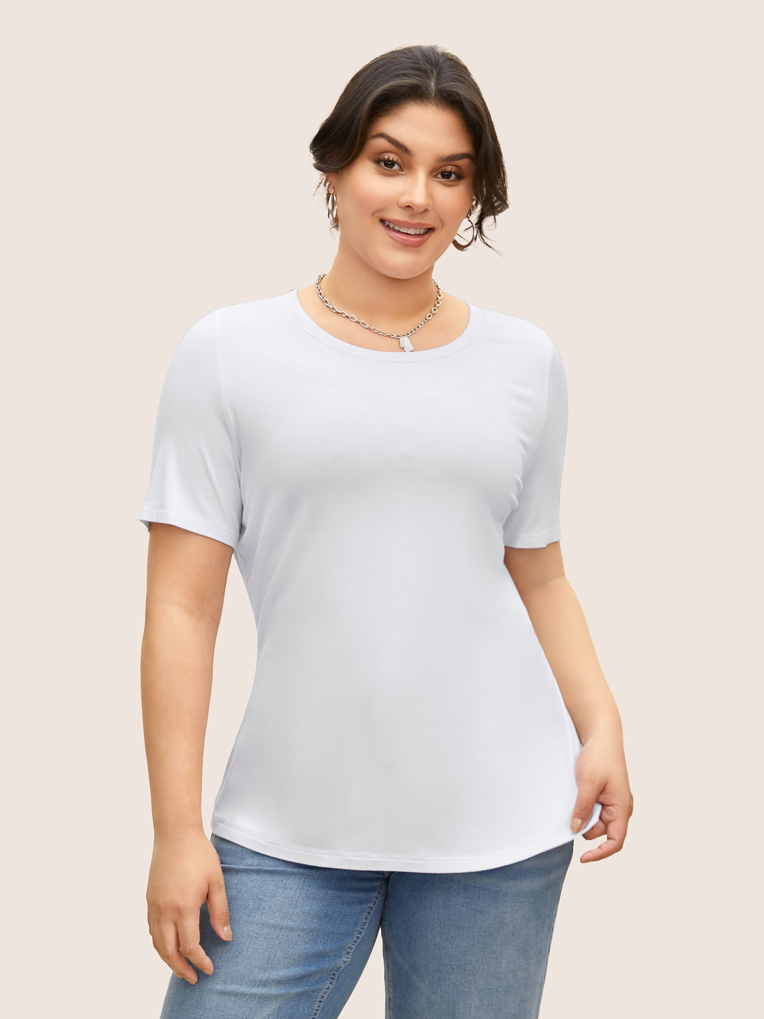 

Plus Size Supersoft Essentials Solid Basic Knit T-shirt Originalwhite Women Basics Non Round Neck Bodycon Everyday T-shirts BloomChic
