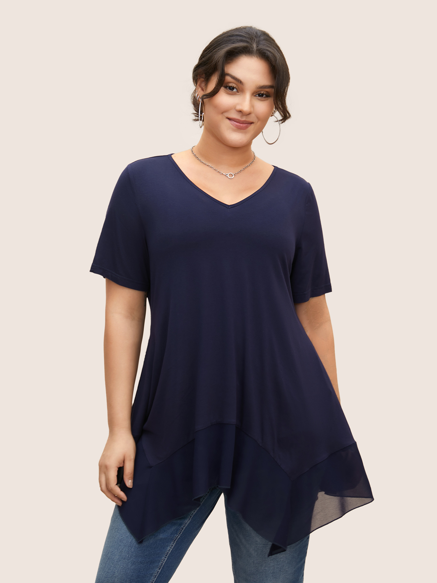 

Plus Size Supersoft Essentials Patchwork Mesh Hanky Hem T-shirt Indigo Women Basics See through V-neck Everyday T-shirts BloomChic