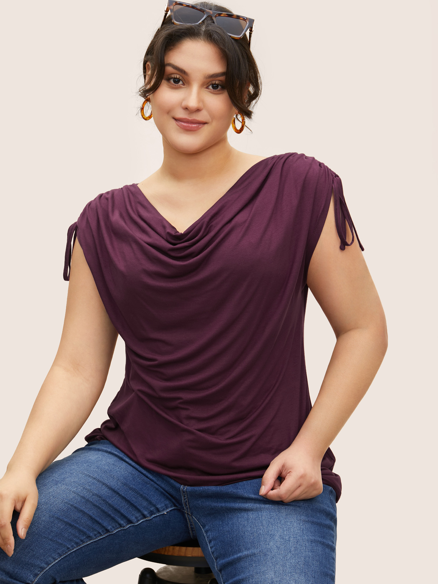 

Plus Size Supersoft Essentials Solid Cowl Neck Drawstring T-shirt Eggplant Cowl Neck Cap Sleeve Basics Jersey Tops