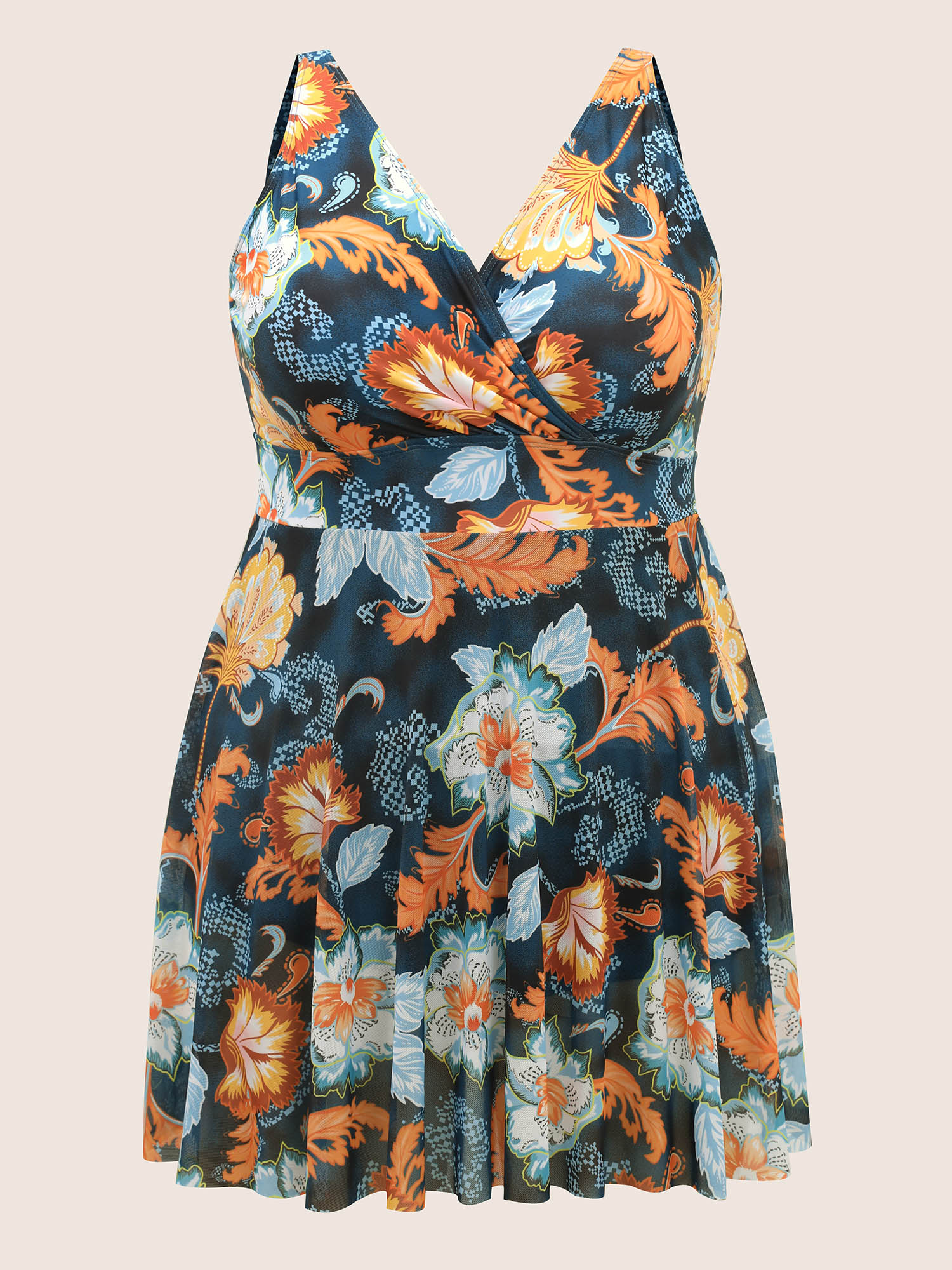 Plus Size Overlap Collar Contrast Floral Mesh Swim Dress Women`s Swimwear Cyan Beach Bodycon Overlap Collar High stretch Curve Swim Dresses BloomChic 30/6X 