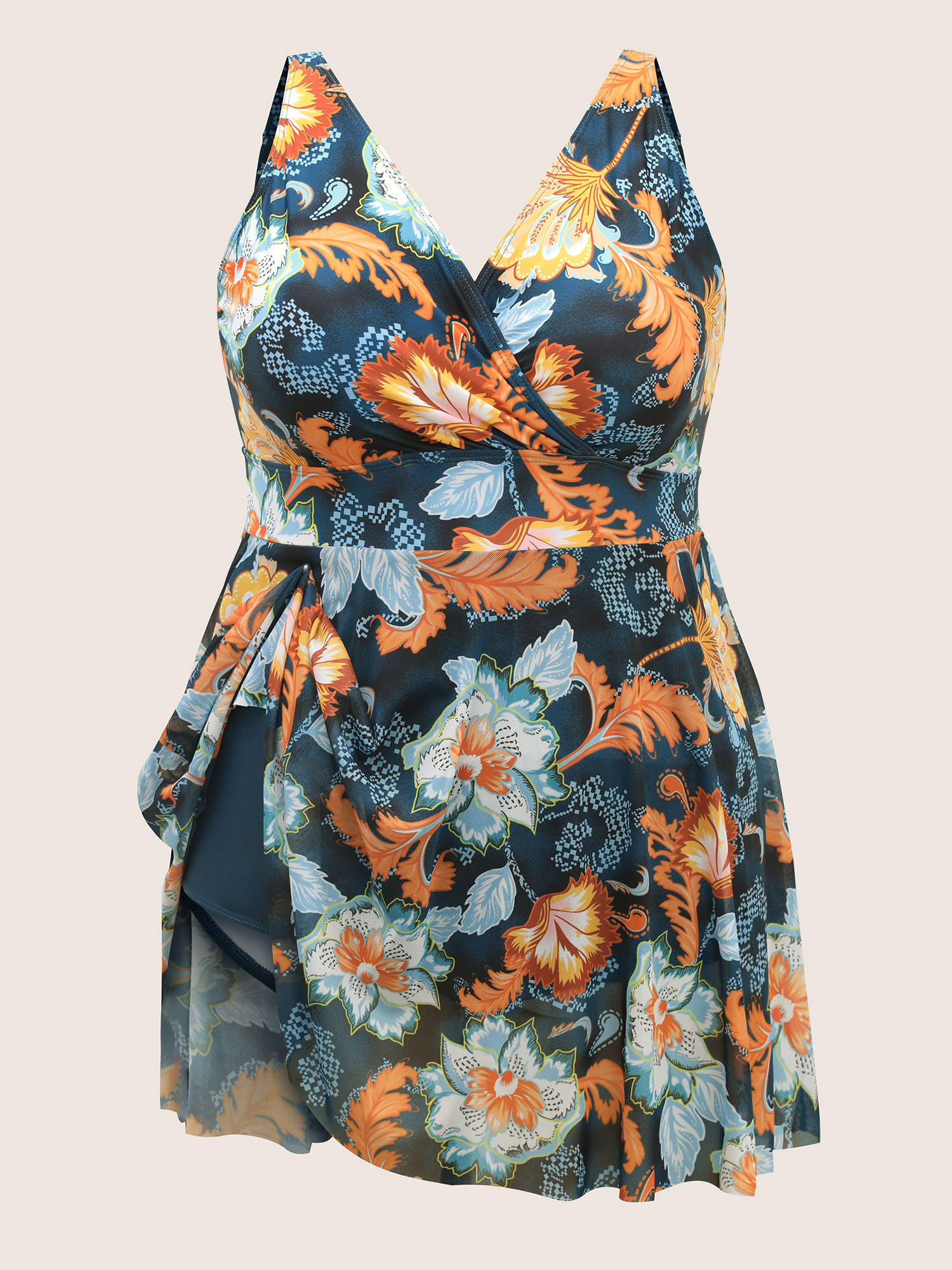 Plus Size Overlap Collar Contrast Floral Mesh Swim Dress Women`s Swimwear Cyan Beach Bodycon Overlap Collar High stretch Curve Swim Dresses BloomChic 30/6X 