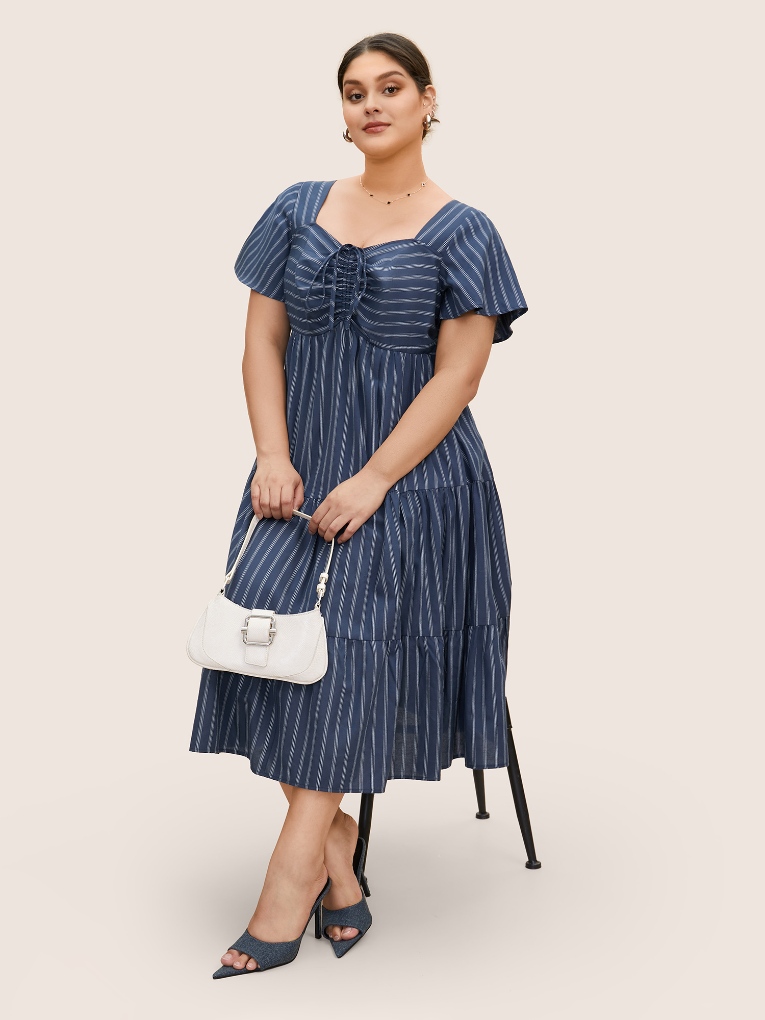 

Plus Size Striped Drawstring Gathered Ruffle Sleeve Dress DarkBlue Women Gathered Heart neckline Short sleeve Curvy BloomChic