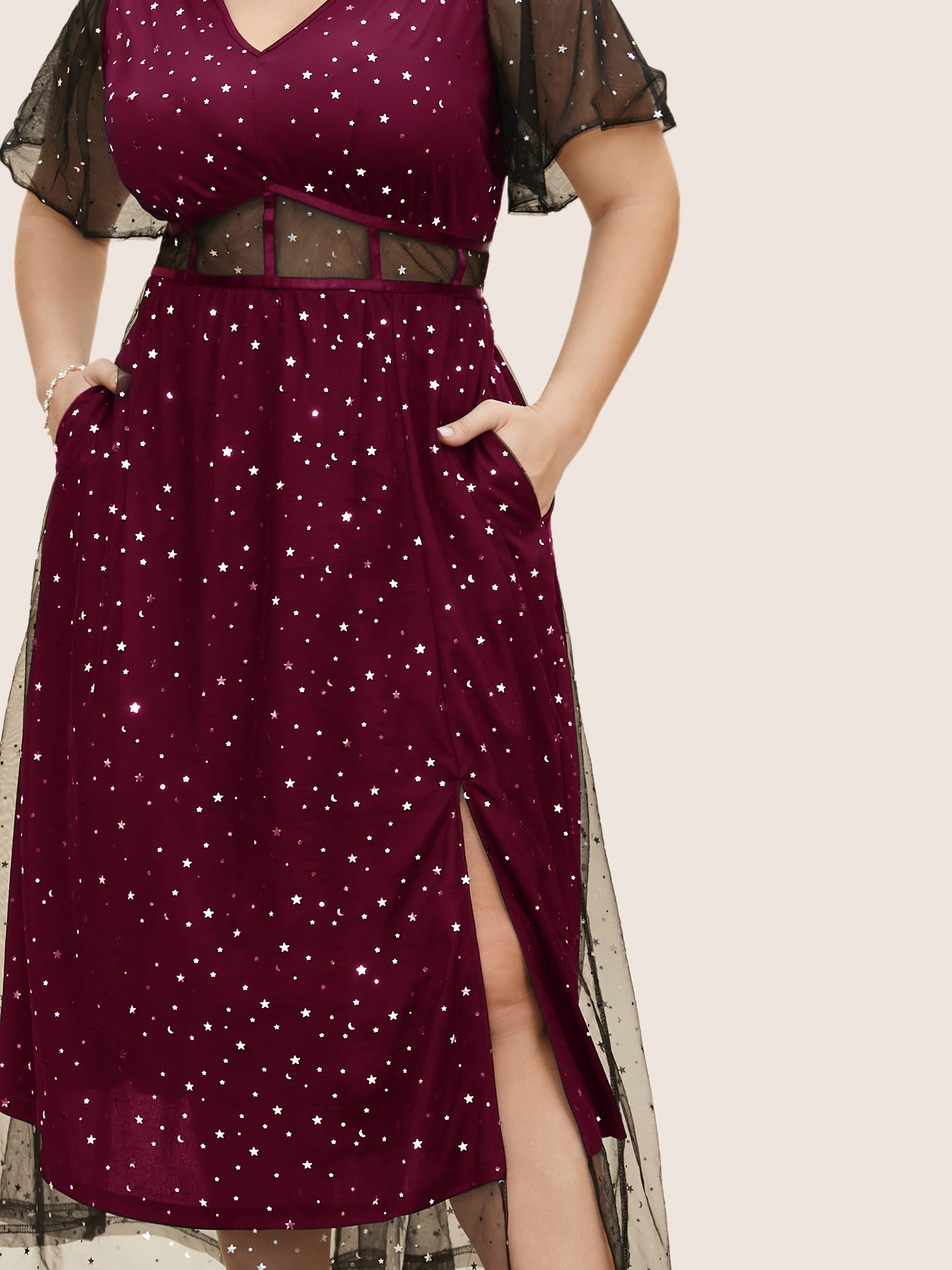 

Plus Size Glitter Star Mesh Patchwork Split Hem Dress Burgundy Women See through V-neck Short sleeve Curvy BloomChic
