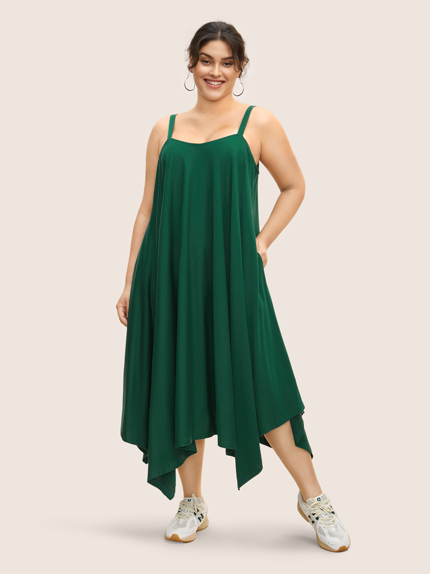 

Plus Size Solid Asymmetrical Hem Pocket Cami Dress DarkGreen Women Casual Asymmetrical Square Neck Sleeveless Curvy BloomChic