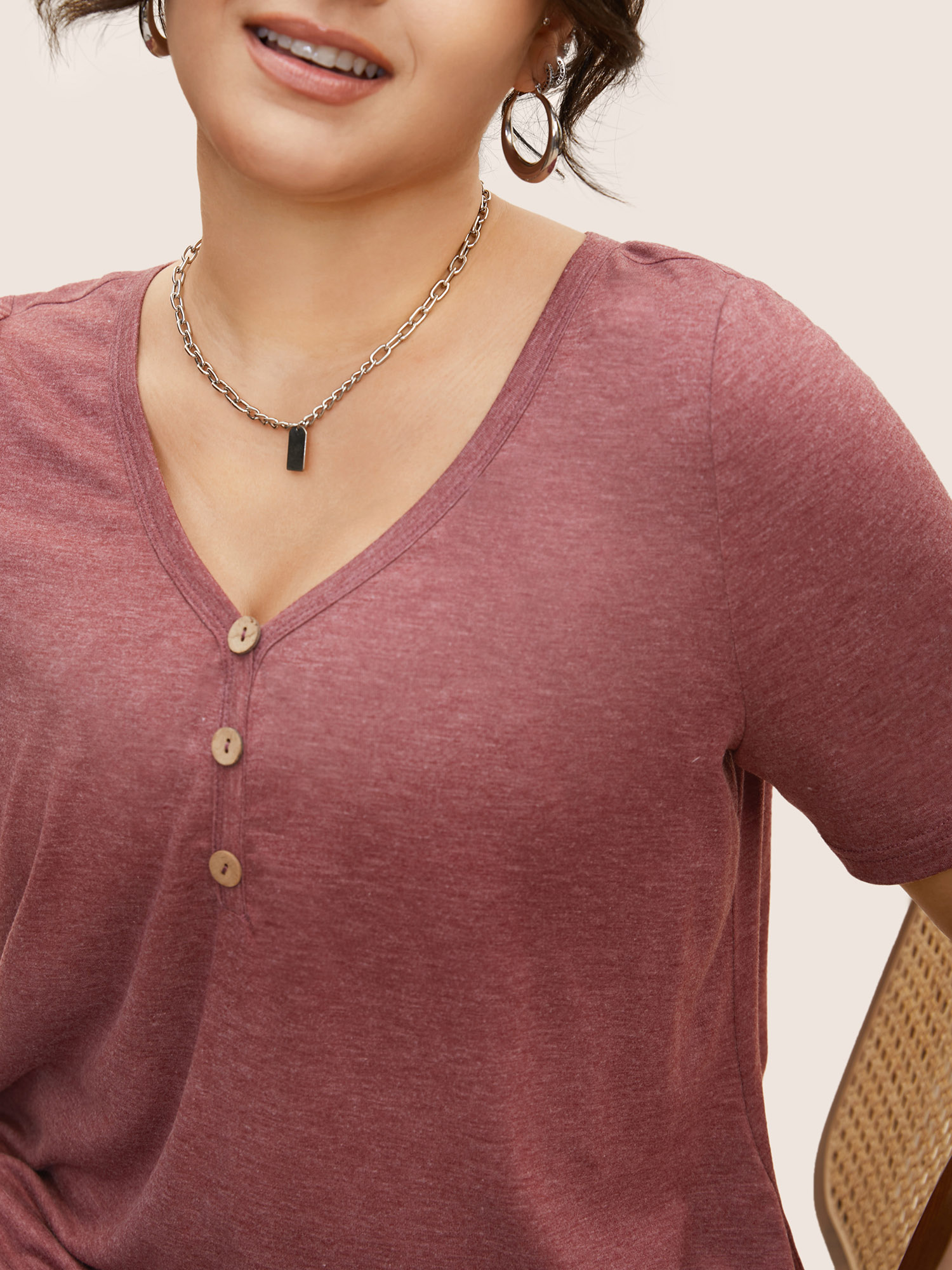

Plus Size Solid Heather Crew Neck Button Detail T-shirt Russet Women Basics Button V-neck Everyday T-shirts BloomChic