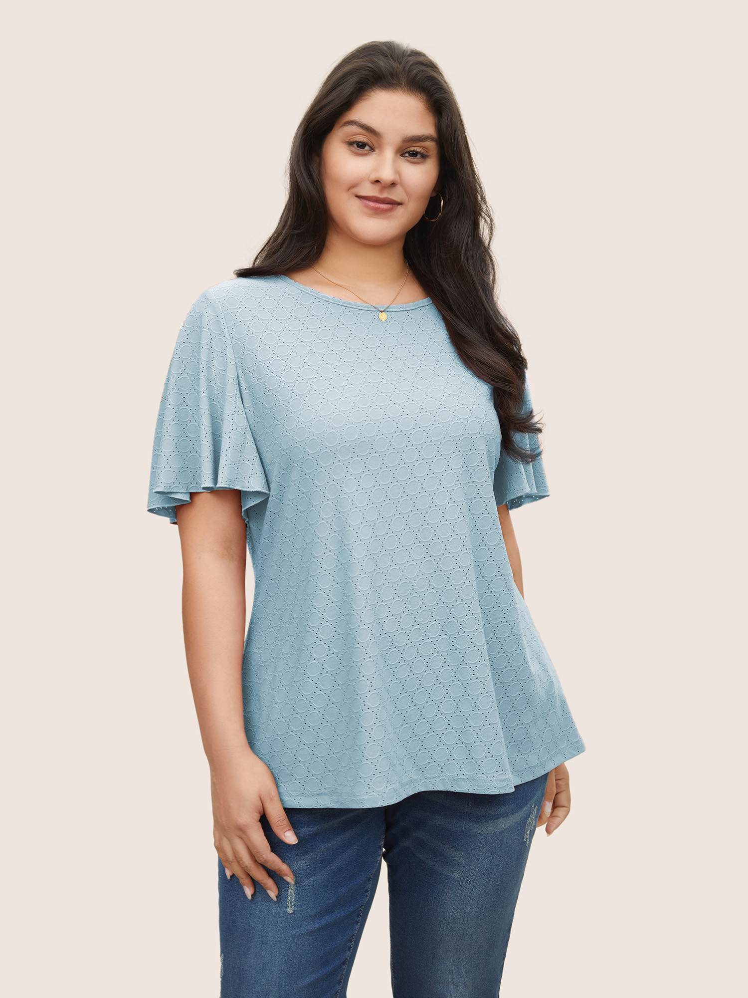 

Plus Size Plain Textured Geometric Flutter Sleeve T-shirt LightBlue Women Elegant Texture Plain Round Neck Everyday T-shirts BloomChic