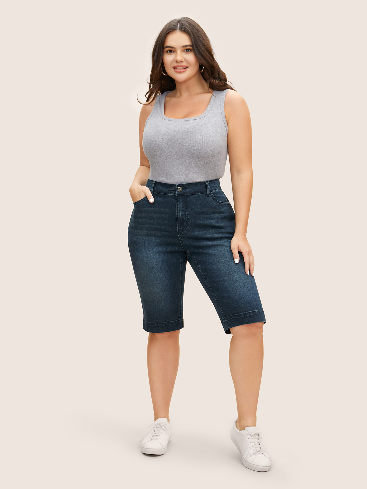Plus Size Vintage Dark Wash Slit Hem Cropped Jeans Women Darkindigo Casual Button High stretch Slanted pocket Jeans BloomChic 30/6X 