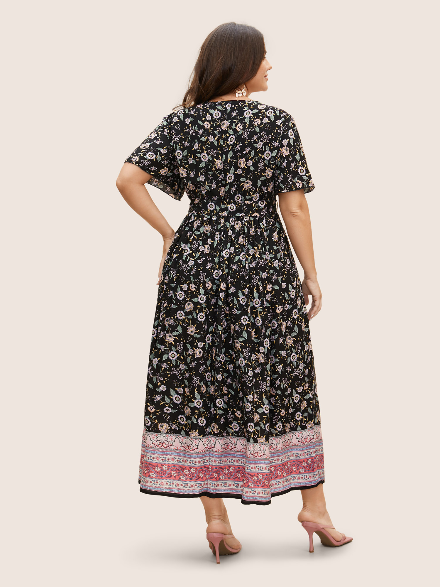 Plus Size Bandana Surplice Neck Pocket Belted Flutter Hem Maxi Dress Midnight Women Non V-neck Short sleeve Curvy Long Dress BloomChic 26/4X 
