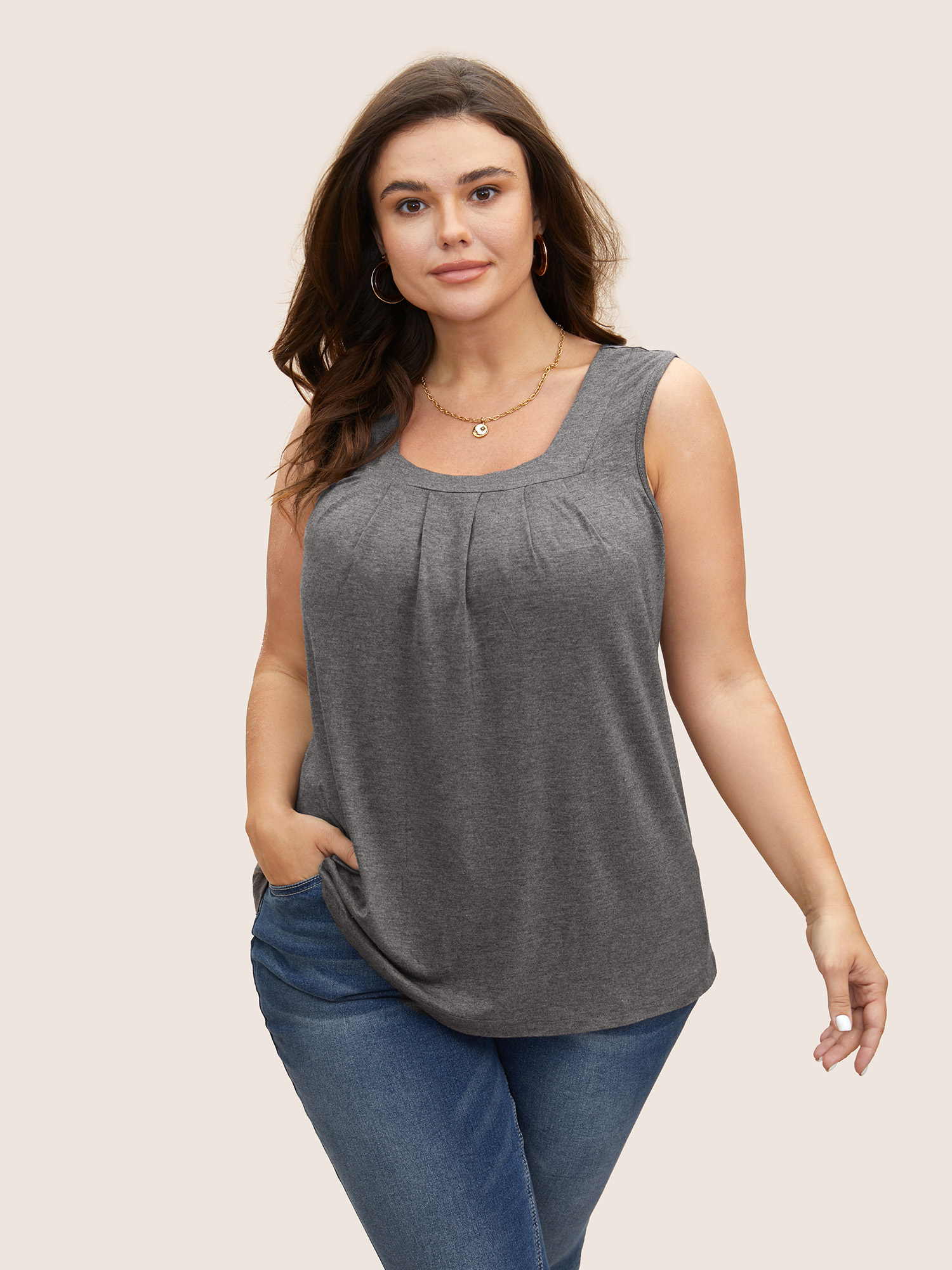 

Plus Size Heather Plicated Detail Square Neck Tank Top Women DarkGray Casual Non U-neck Everyday Tank Tops Camis BloomChic