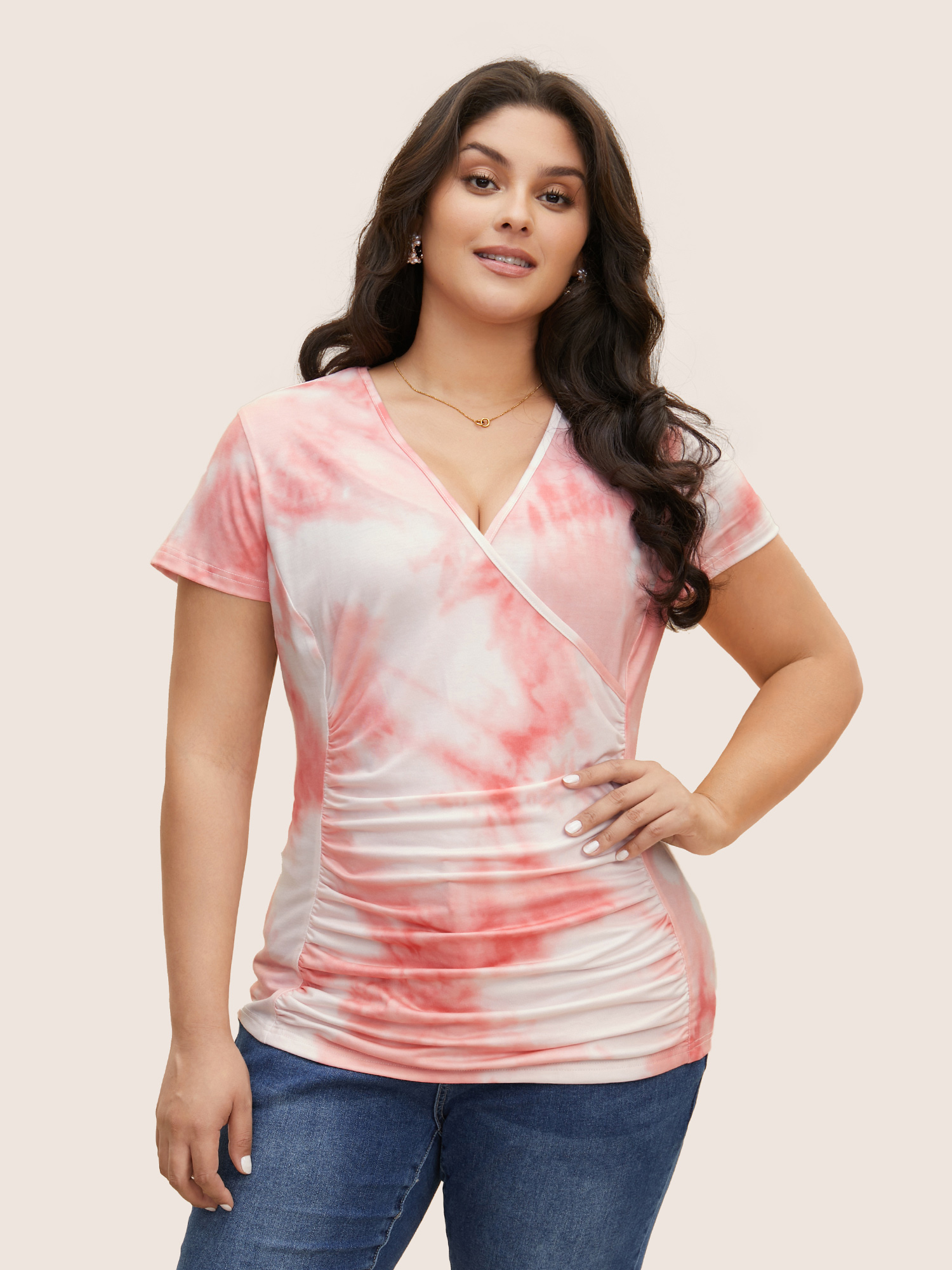 

Plus Size Tie Dye Overlap Collar Cap Sleeve T-shirt Nudepink Overlap Collar Cap Sleeve Elegant Jersey Tops