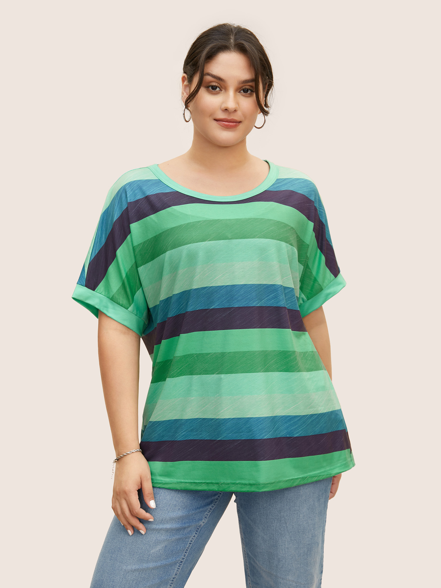 

Plus Size Colored Striped Crew Neck Batwing Sleeve T-shirt Malachitegreen Women Casual Contrast Round Neck Everyday T-shirts BloomChic