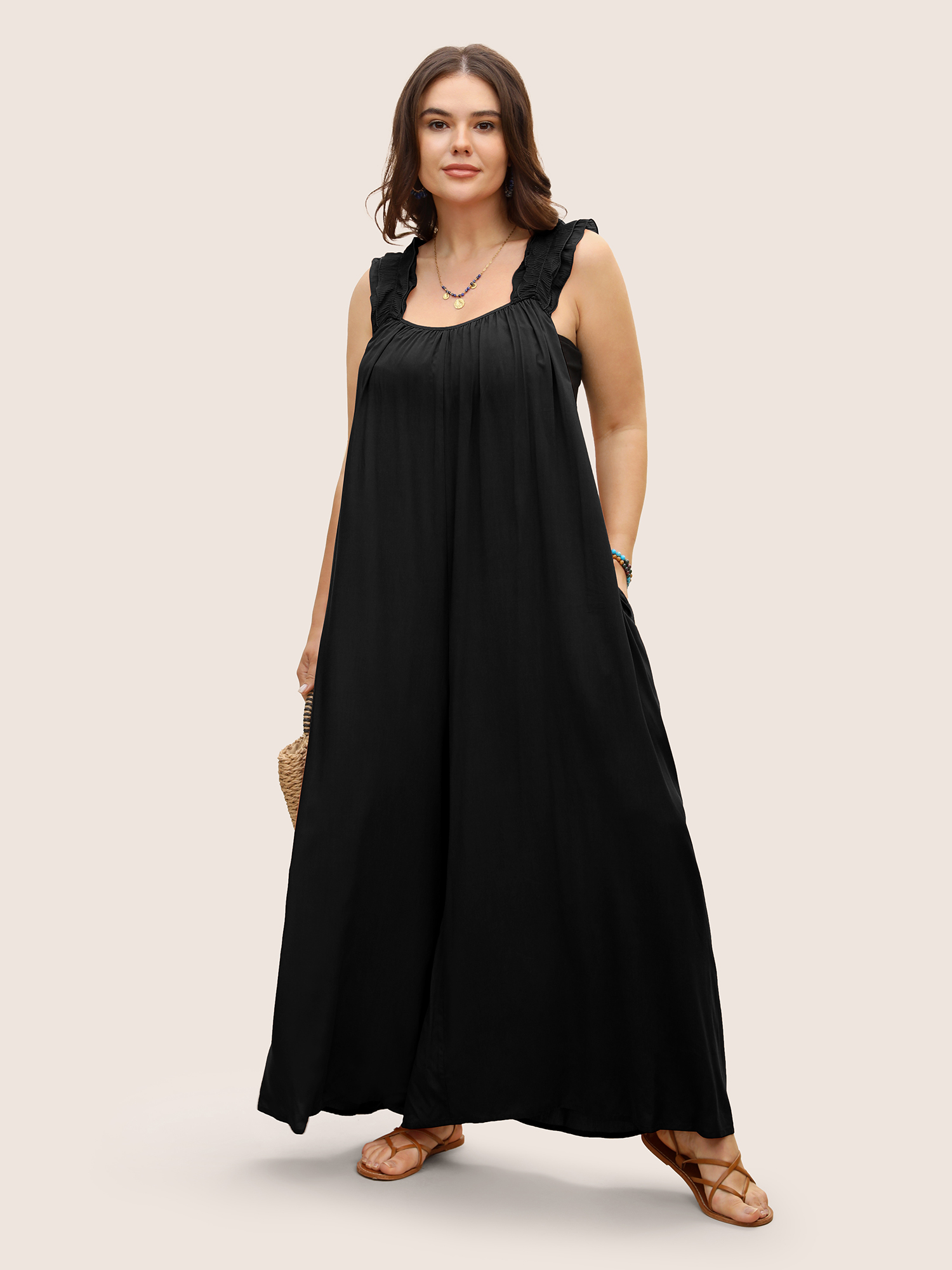 

Plus Size Black Rayon Ruffle Trim Gathered Tie Knot Jumpsuit Women Resort Sleeveless V-neck Vacation Loose Jumpsuits BloomChic