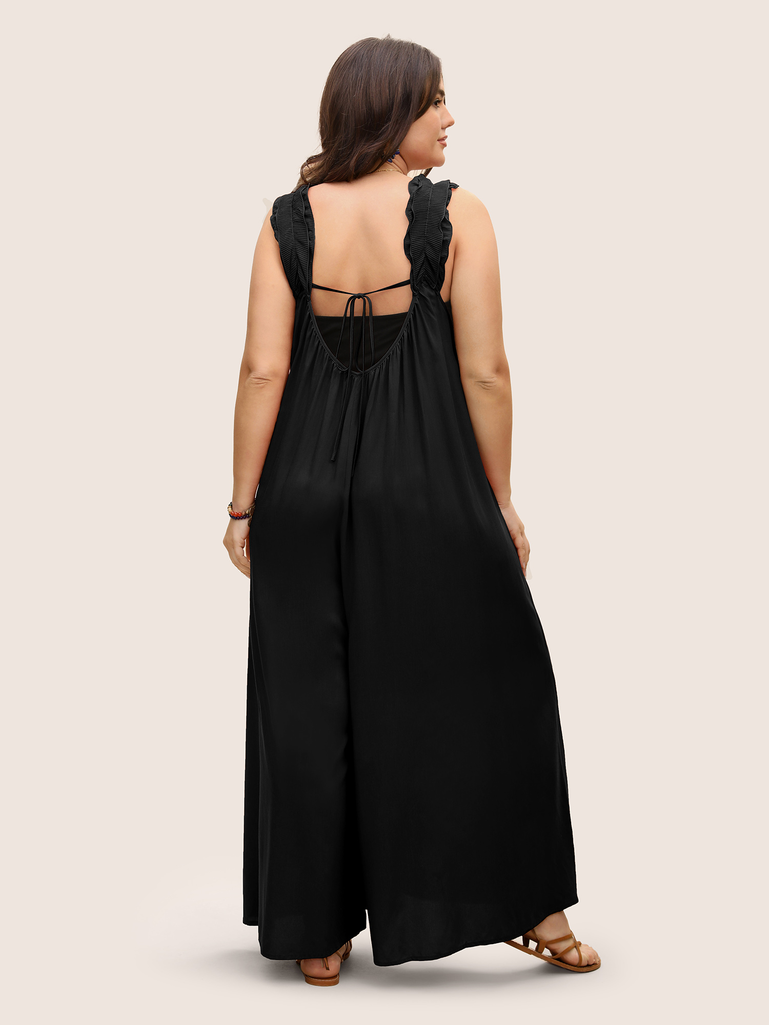 

Plus Size Black Rayon Ruffle Trim Gathered Tie Knot Jumpsuit Women Resort Sleeveless V-neck Vacation Loose Jumpsuits BloomChic